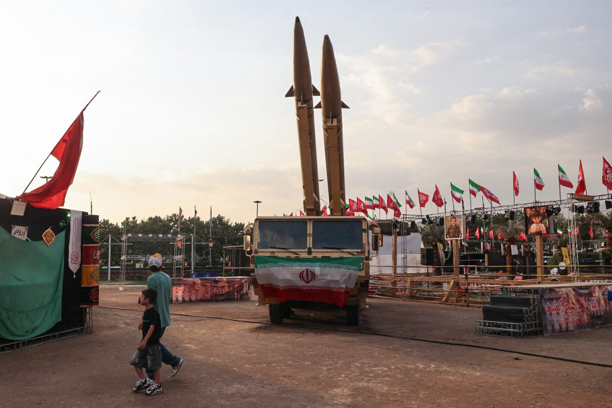 Iranian-made Zolfaghar missiles are displayed at Azadi Square in Tehran