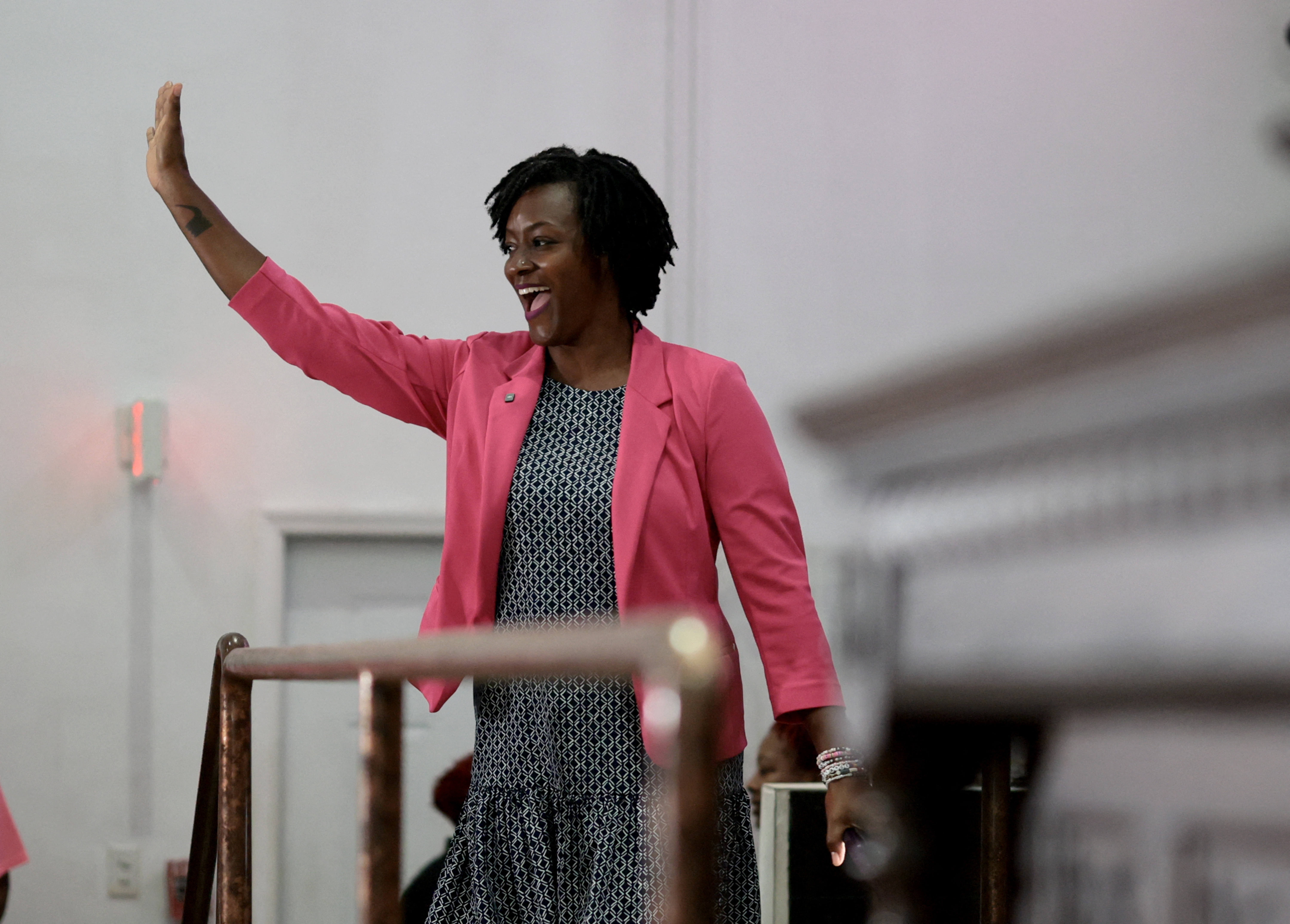 Democratic U.S. Senate candidate, Florida state Rep. Angie Nixon waves as she is introduced to the congregation at the Ebenezer Missionary Baptist Church on August 17, 2026 in Hallandale Beach, Florida. Nixon, who previously protested on the floor of the state House with a bullhorn after Republicans redrew district lines, vies with retired U.S. Army Lt. Col. Alex Vindman in the August 18 primary. The winner is likely to face incumbent Republican U.S. Sen. Ashley Moody (R-FL) in the November general election