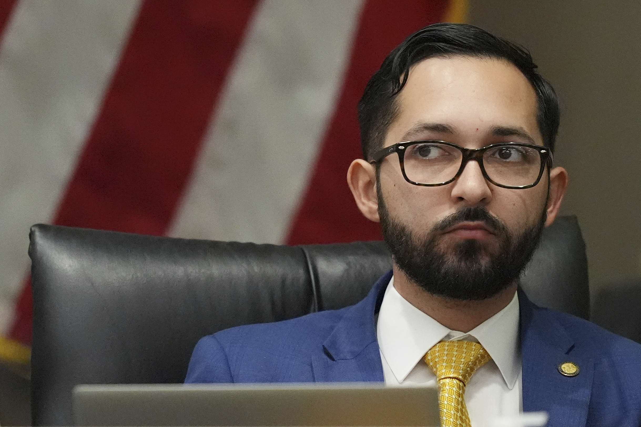 State Rep. Juan Carlos Porras participates in a meeting of the Combined Workgroup on Hemp, during a legislative session in Tallahassee, Fla., Thursday, March 6, 2025. (AP Photo/Rebecca Blackwell)