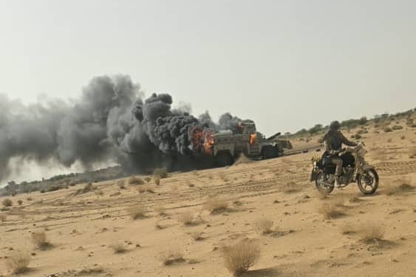 This photo released the Azaward Liberation Front (FLA) shows what they say is the aftermath of an attack by FLA separatist and jihadist militants in Gao, northern Mali Saturday, July 18, 2026, (Azaward Liberation Front via AP)