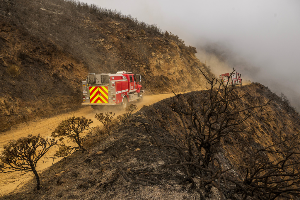 a fire vehicle on a road surrounded by burnt landscape