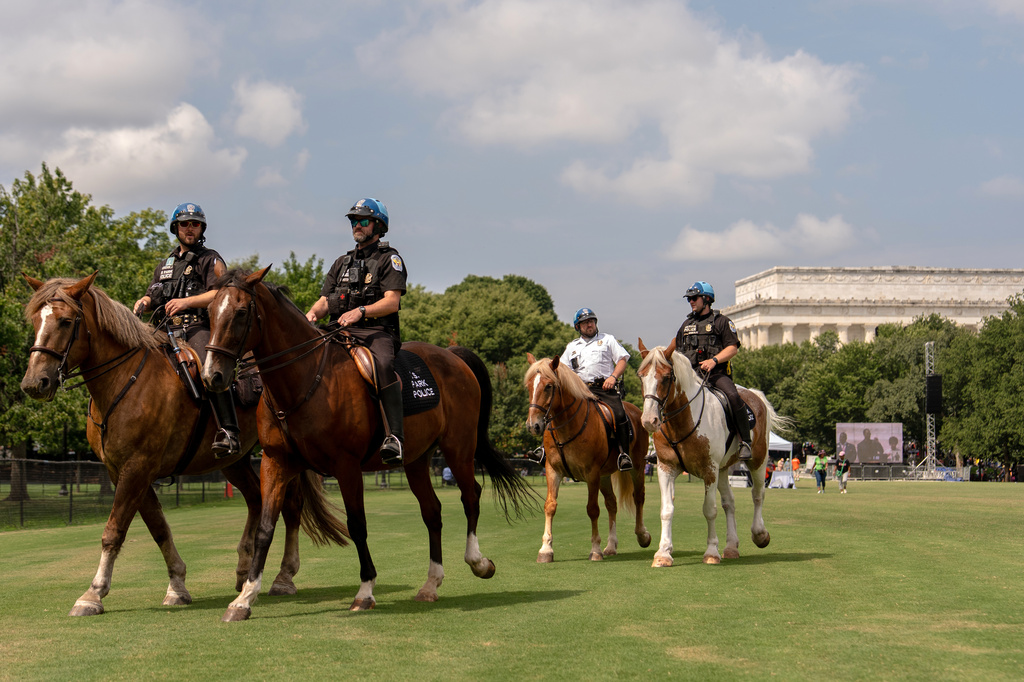 Mounted police patrol an event in Washington DC