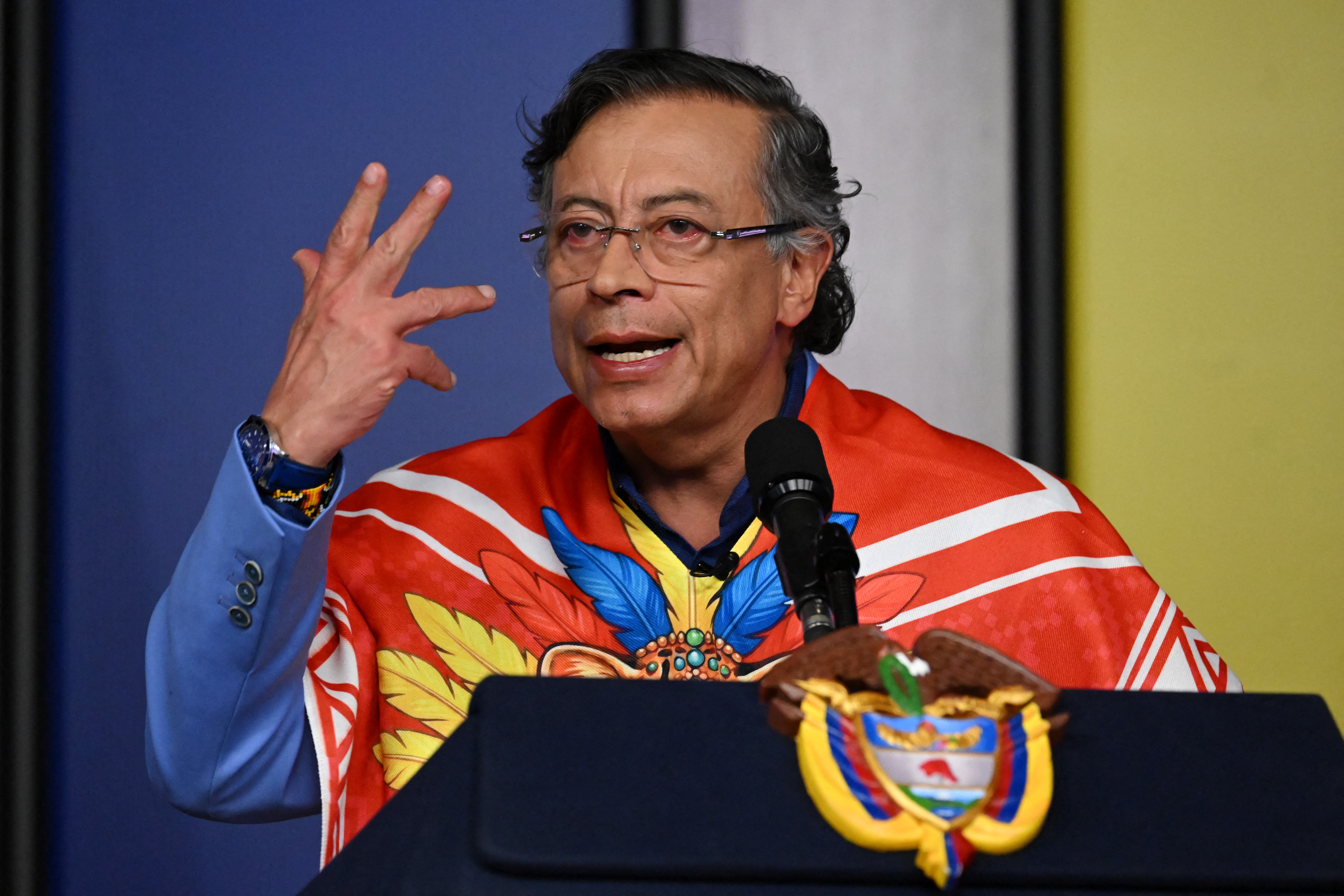 Colombia's President Gustavo Petro gestures as he speaks during a press conference at the Casa de Narino Presidential Palace in Bogota on August 3, 2026. (Photo by Raul ARBOLEDA / AFP)