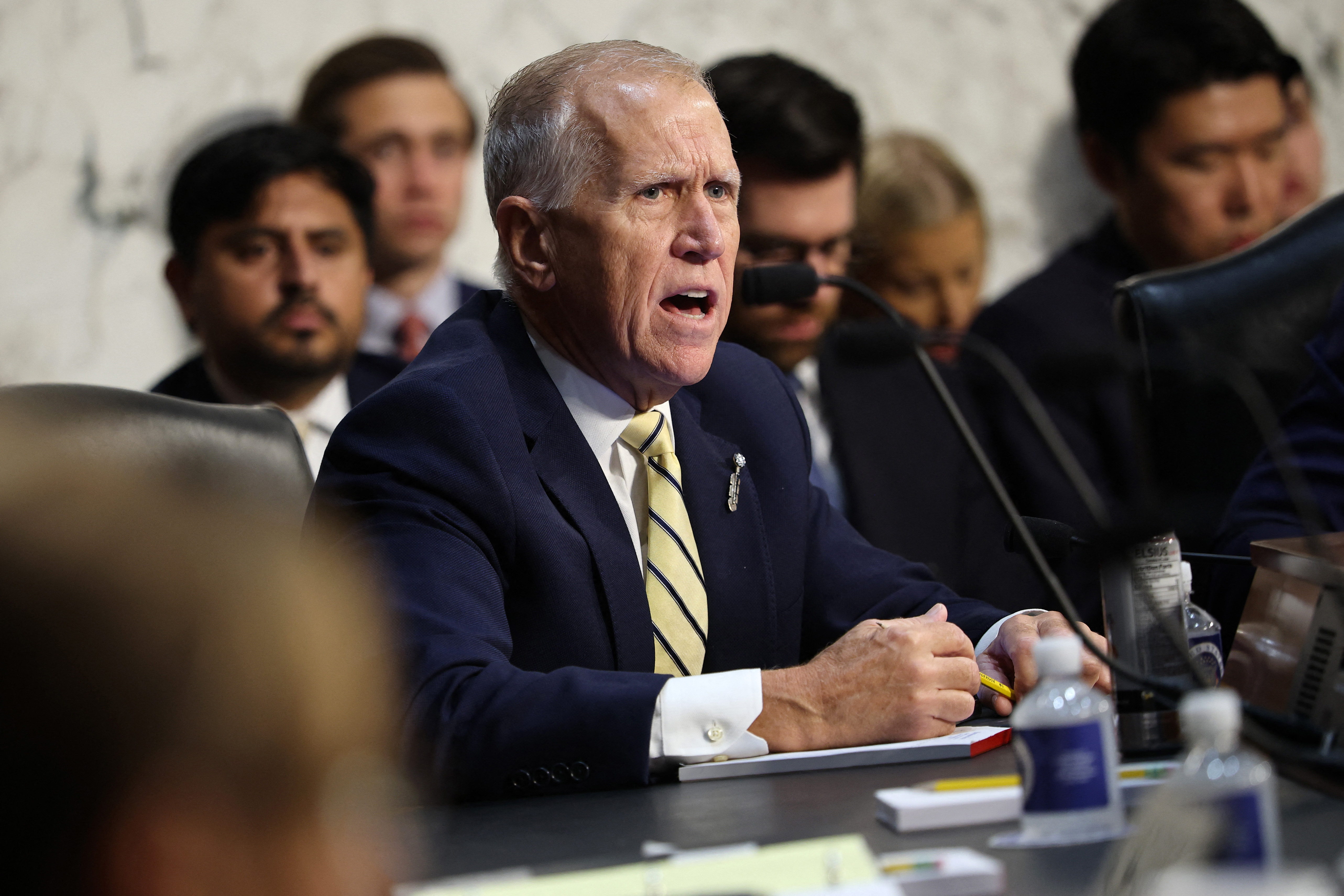 WASHINGTON, DC - AUGUST 04: U.S. Sen. Thom Tillis (R-NC) speaks as members of the Senate Judiciary Committee gather to vote on the nomination of Todd Blanche to be U.S. Attorney General on Capitol Hill on August 04, 2026 in Washington, DC. Blanche's nomination had been previously postponed after Sens. John Cornyn (R-TX) and Thom Tillis (R-NC) raised concerns over the Justice Department’s $1.8 billion "Anti-Weaponization Fund” which Blanche rescinded earlier this week. Win McNamee/Getty Images/AFP (Photo by WIN MCNAMEE / GETTY IMAGES NORTH AMERICA / Getty Images via AFP)