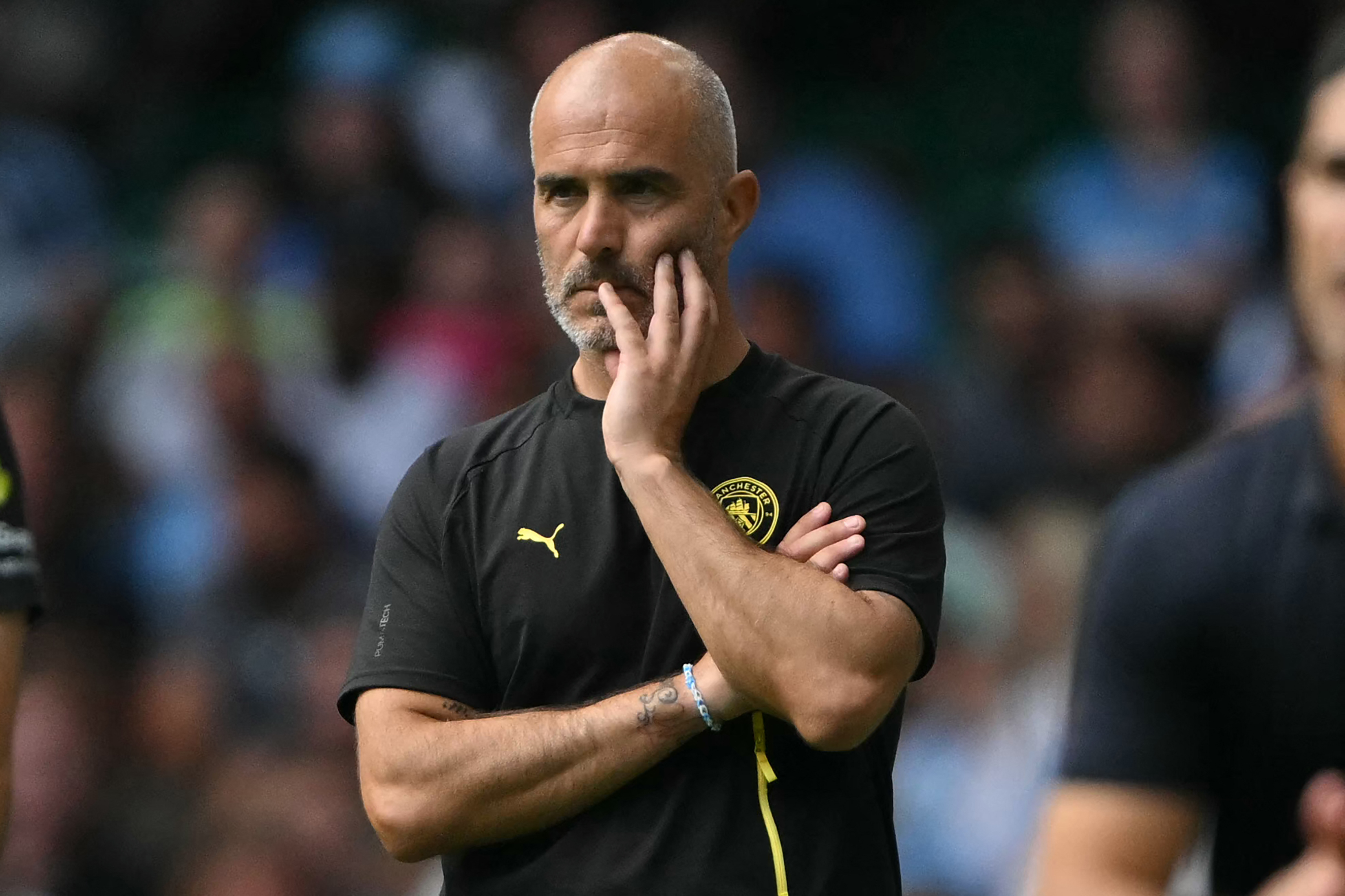 Manchester City's Italian manager Enzo Maresca looks on during the English FA Community Shield football match between Arsenal and Manchester City at The Principality Stadium, in Cardiff, south Wales on August 16, 2026.