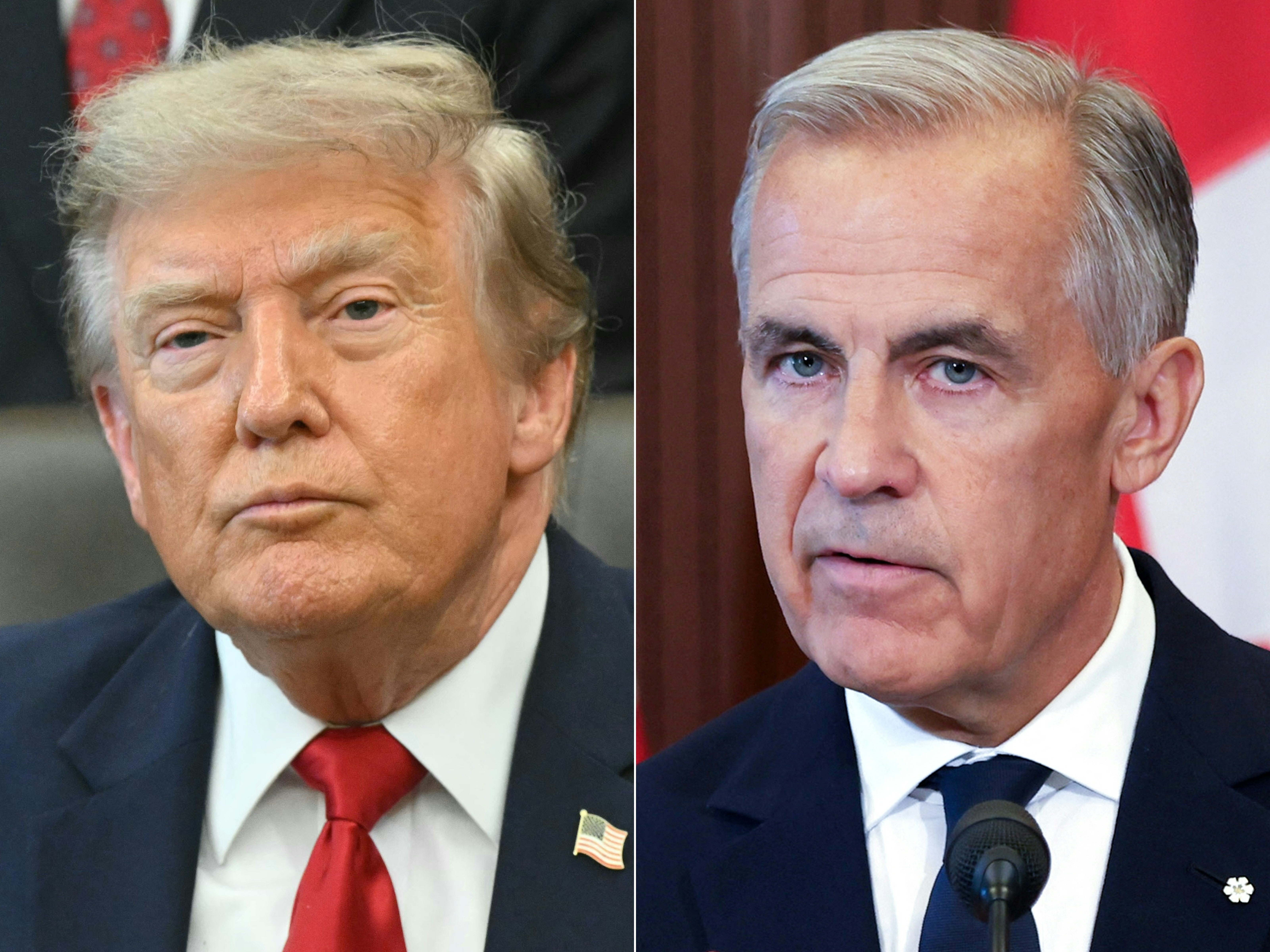 (COMBO) This combination of pictures created on August 22, 2026 shows US President Donald Trump in Washington, DC, on July 13, 2026 and Canadian Prime Minister Mark Carney on August 22, 2026.