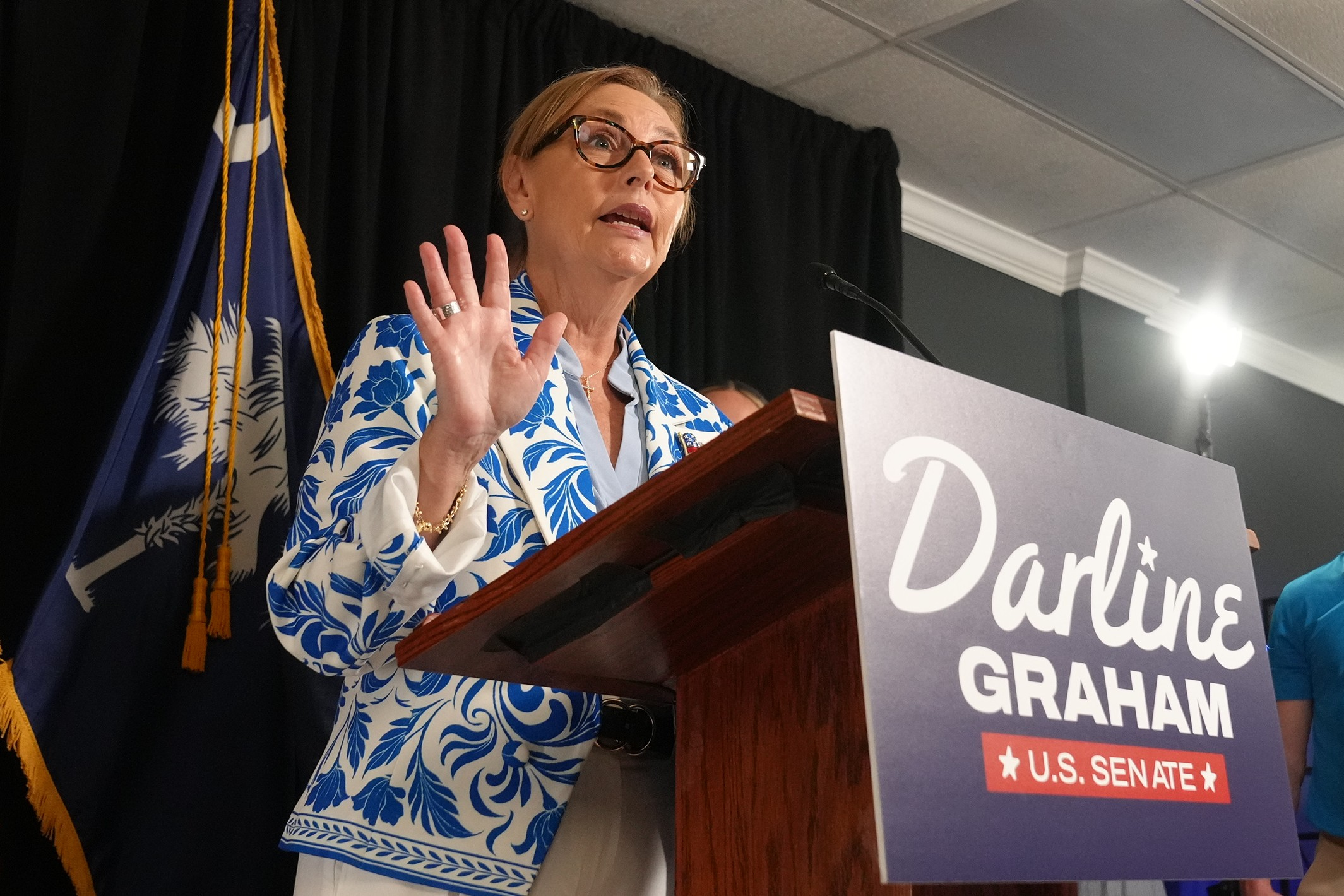 Sen. Darline Graham, R-S.C., speaks with reporters after advancing to a special GOP Senate primary runoff to replace Sen. Lindsey Graham, R-S.C., Tuesday, Aug. 11, 2026, in Columbia, S.C. (AP Photo/Meg Kinnard)