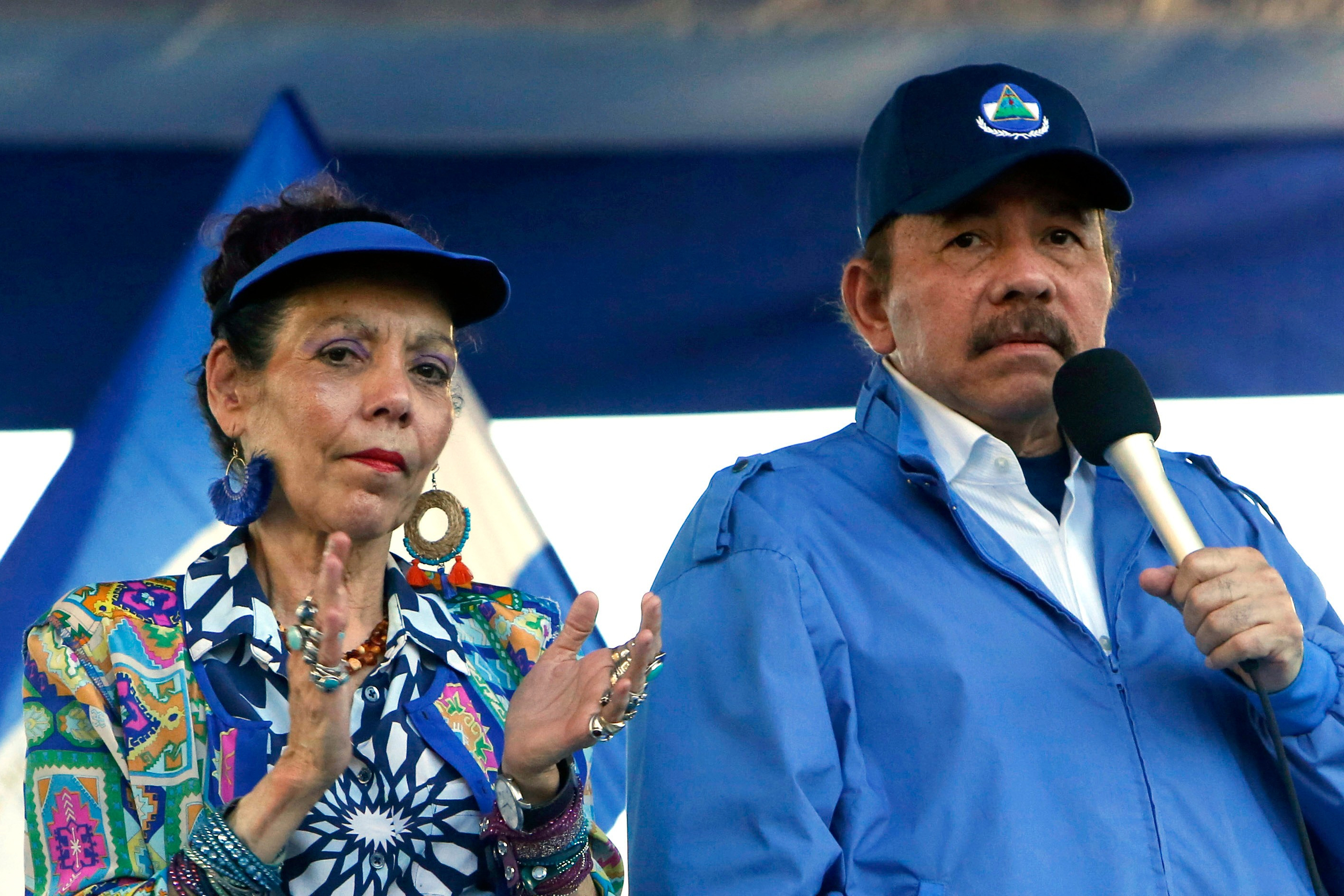 FILE - President Daniel Ortega and his wife, Vice President Rosario Murillo, lead a rally in Managua, Nicaragua, Sept. 5, 2018. (AP Photo/Alfredo Zuniga, File)