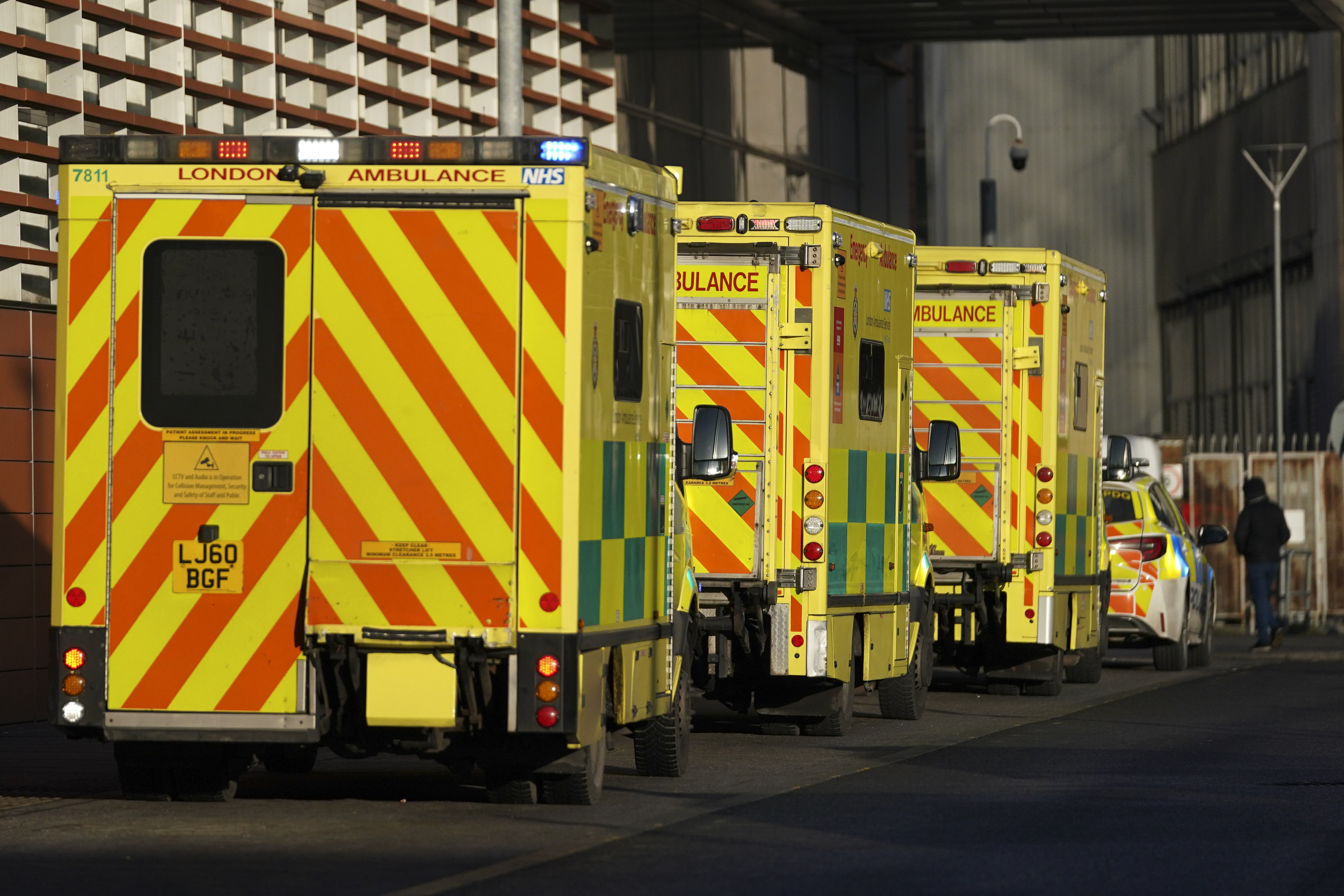 Ambulances lined up in London, United Kingdom. [File: Alberto Pezzali/AP Photo]