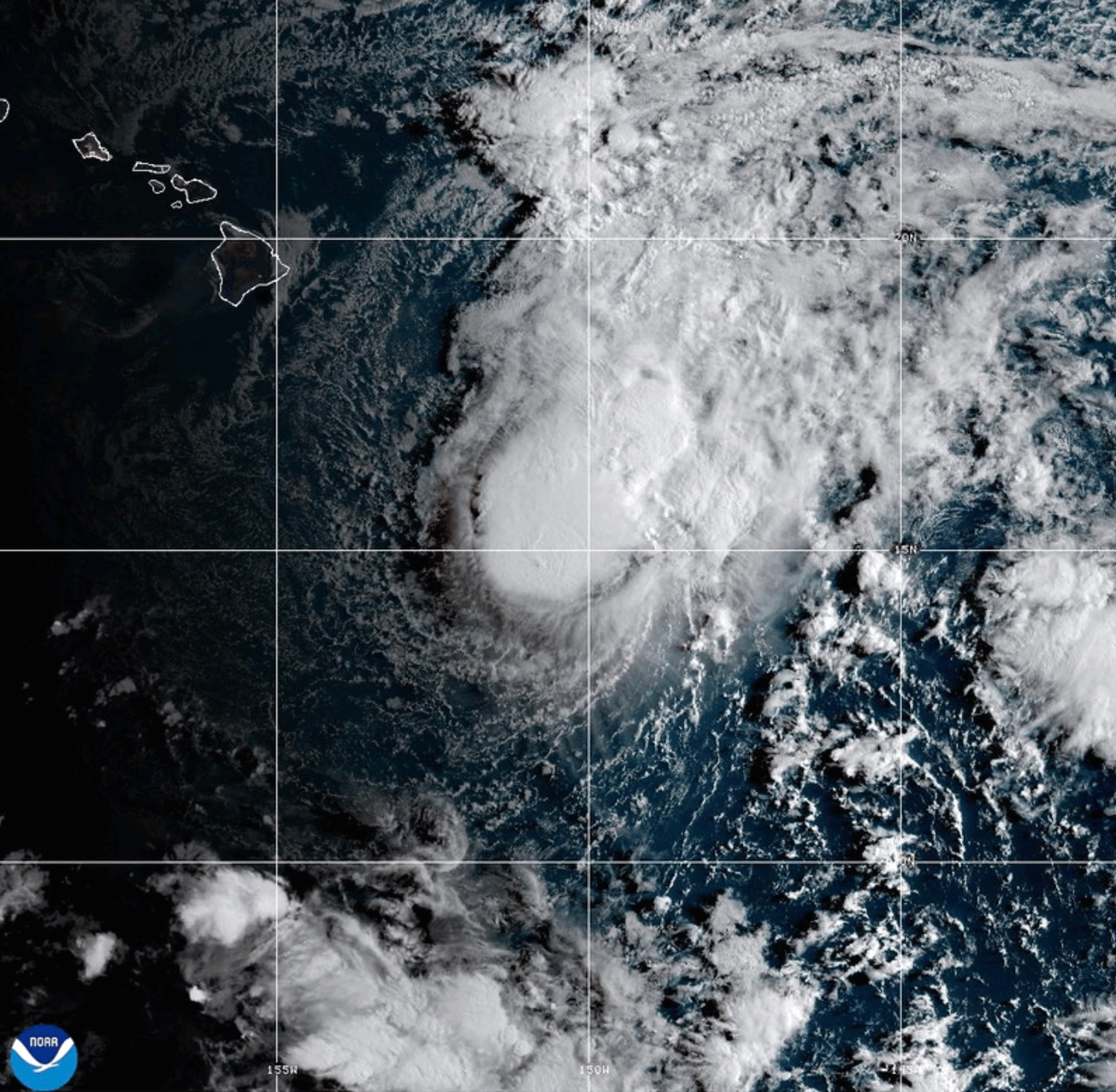 This NOAA satellite image taken Saturday, Aug. 22, 2026, shows Tropical Storm Moke advancing towards Hawaii in the Pacific Ocean. (NOAA via AP)