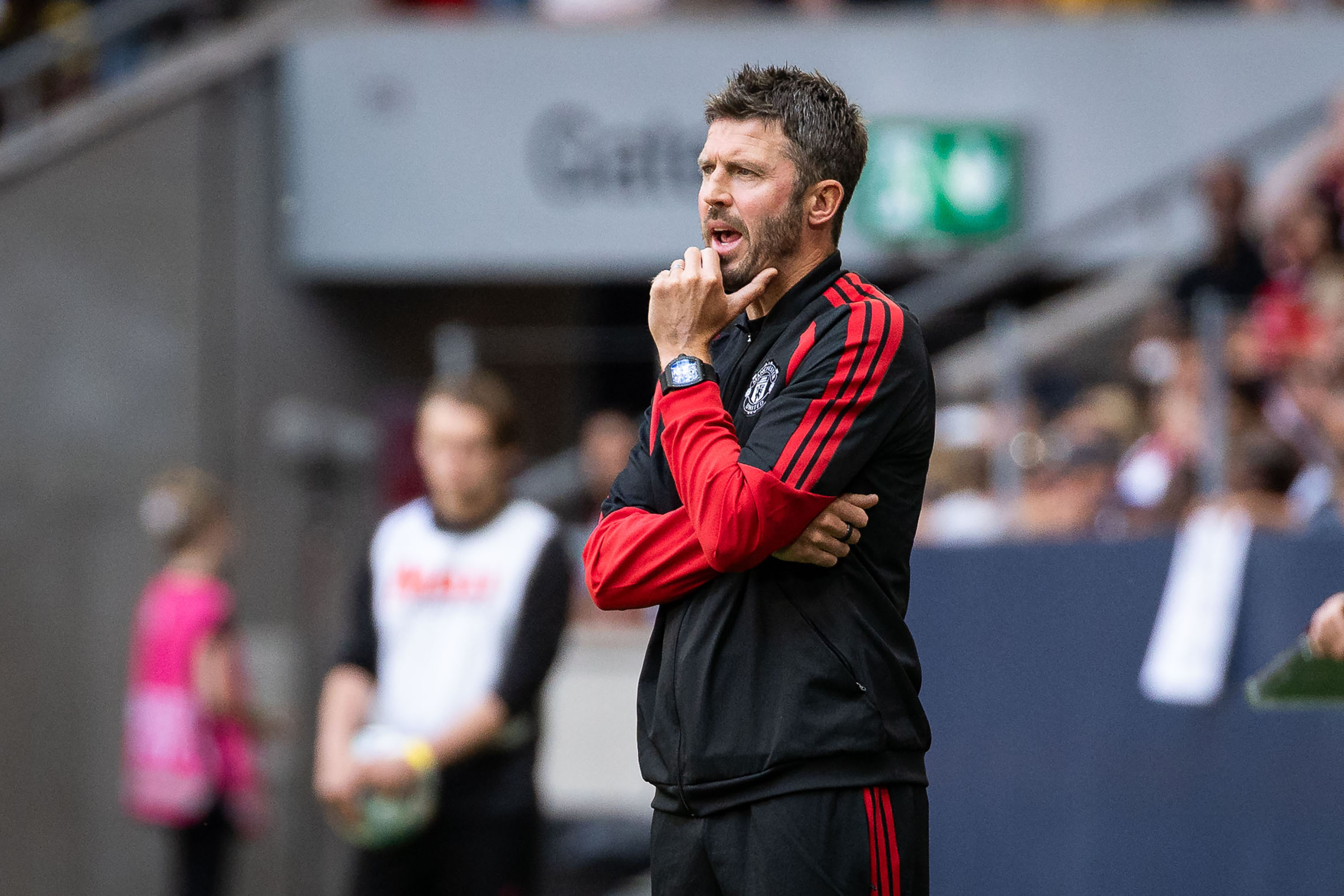 SOLNA, SWEDEN - AUGUST 1: Michael Carrick head coach of Manchester United during the pre-season friendly match between Manchester United and Atletico de Madrid at Strawberry Arena on August 1, 2026 in Solna, Sweden. (Photo by Michael Campanella/Getty Images)