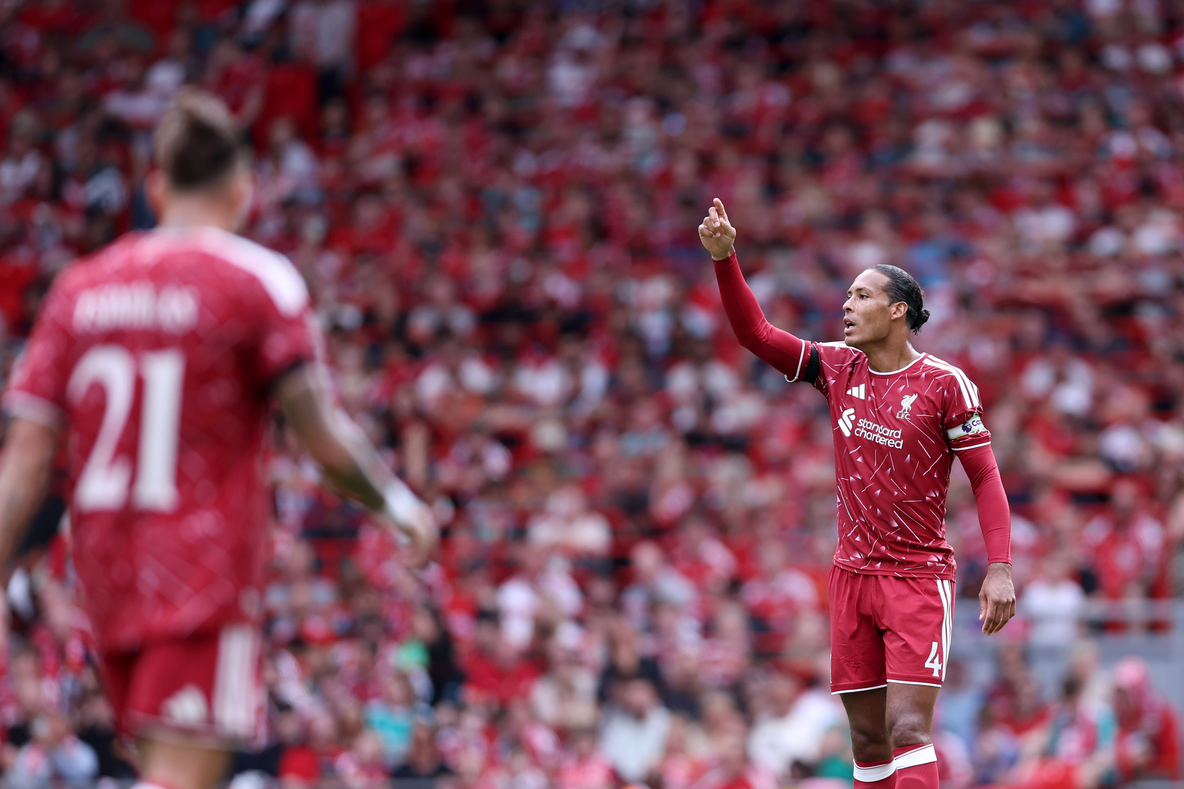 LIVERPOOL, ENGLAND - AUGUST 09: Virgil van Dijk of Liverpool during the during the pre-season friendly match between Liverpool FC and AS Monaco at Anfield on August 09, 2026 in Liverpool, England. (Photo by Naomi Baker/Getty Images)