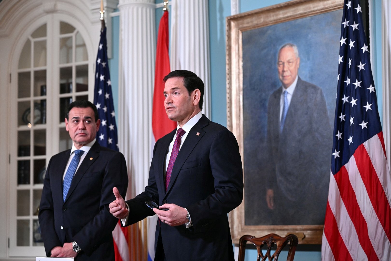 US Secretary of State Marco Rubio speaks to the press after signing a Memorandum of Understanding (MOU) concerning Strategic Civil Nuclear Cooperation with Paraguayan Foreign Minister Ruben Ram&iacute;rez (L) in the Treaty Room of the State Department in Washington, DC, on August 4, 2026. [Mandel NGAN/AFP]