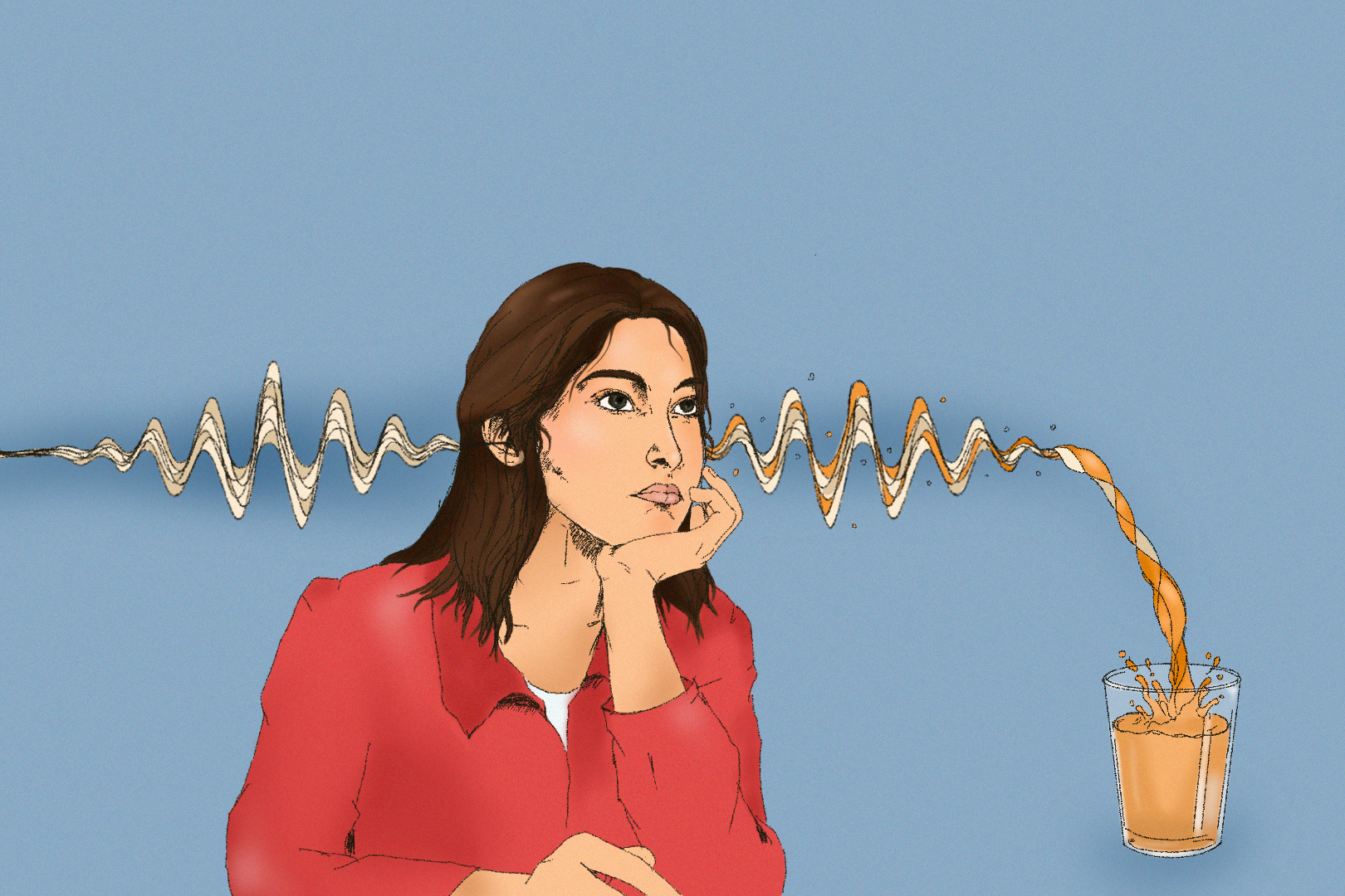 An illustration of a synesthete hearing a voice and tasting orange juice [Jawahir Al-Naimi/Al Jazeera]