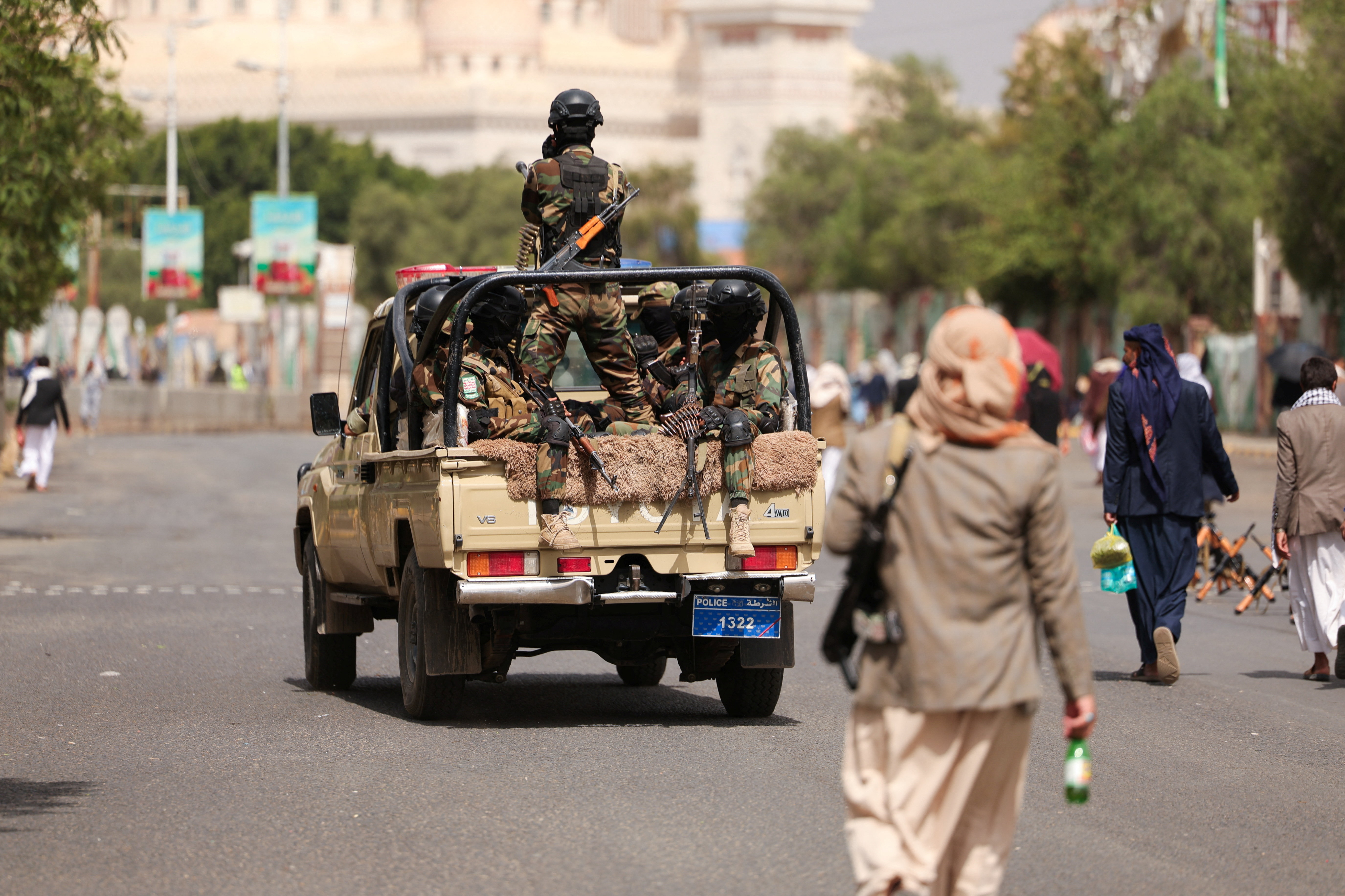Members of Houthi security forces patrol a road leading to the site of an anti-Saudi rally amid an escalation with the kingdom, in Sanaa, Yemen, July 31, 2026. REUTERS/Khaled Abdullah