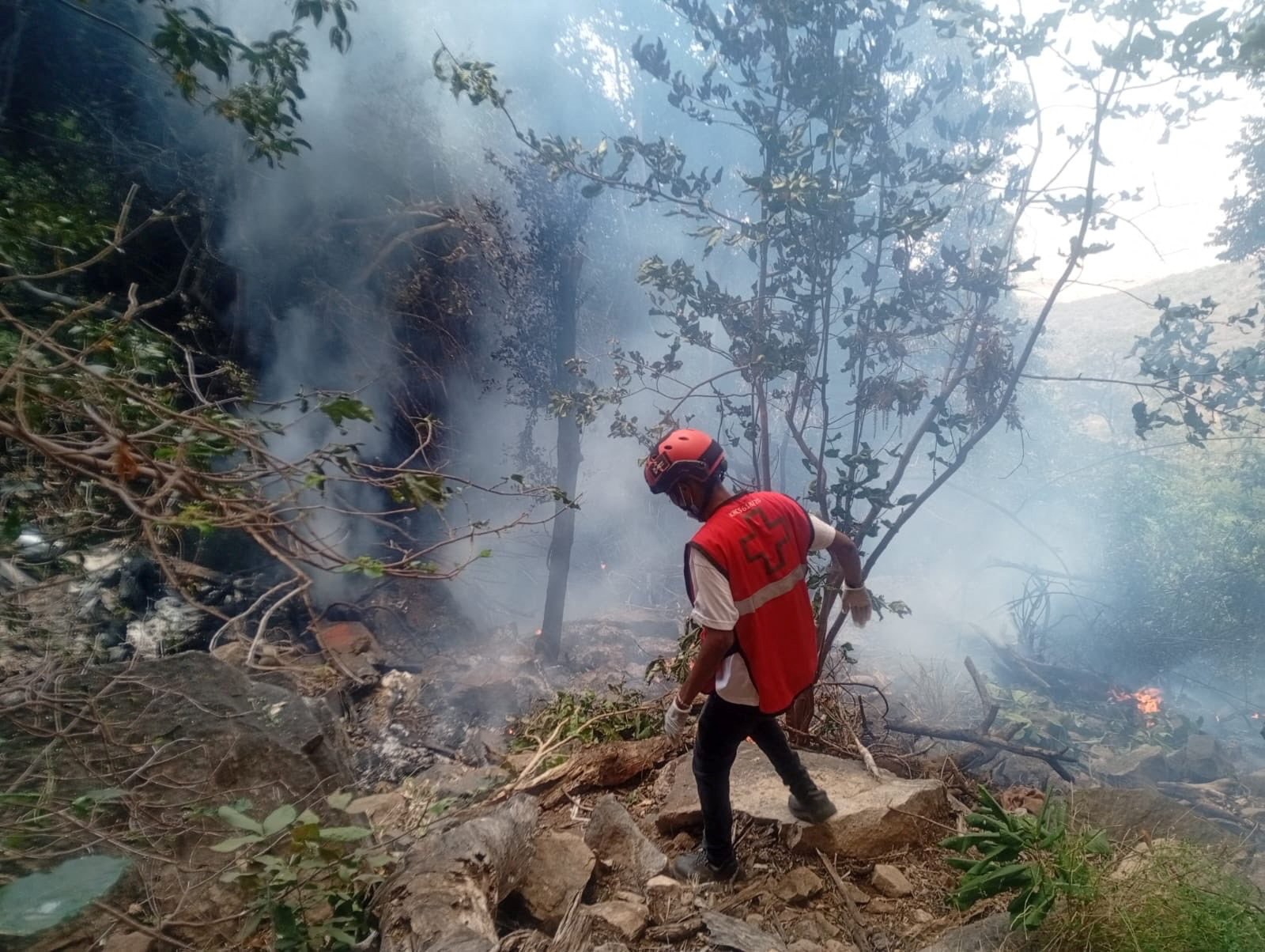 A rescue official works at the site of a tourist helicopter crash that caused multiple casualties, according to the police, in Samburu County, Kenya, August 19, 2026. Kenya Red Cross/Handout via REUTERS THIS IMAGE HAS BEEN SUPPLIED BY A THIRD PARTY. NO RESALES. NO ARCHIVES. MANDATORY CREDIT.