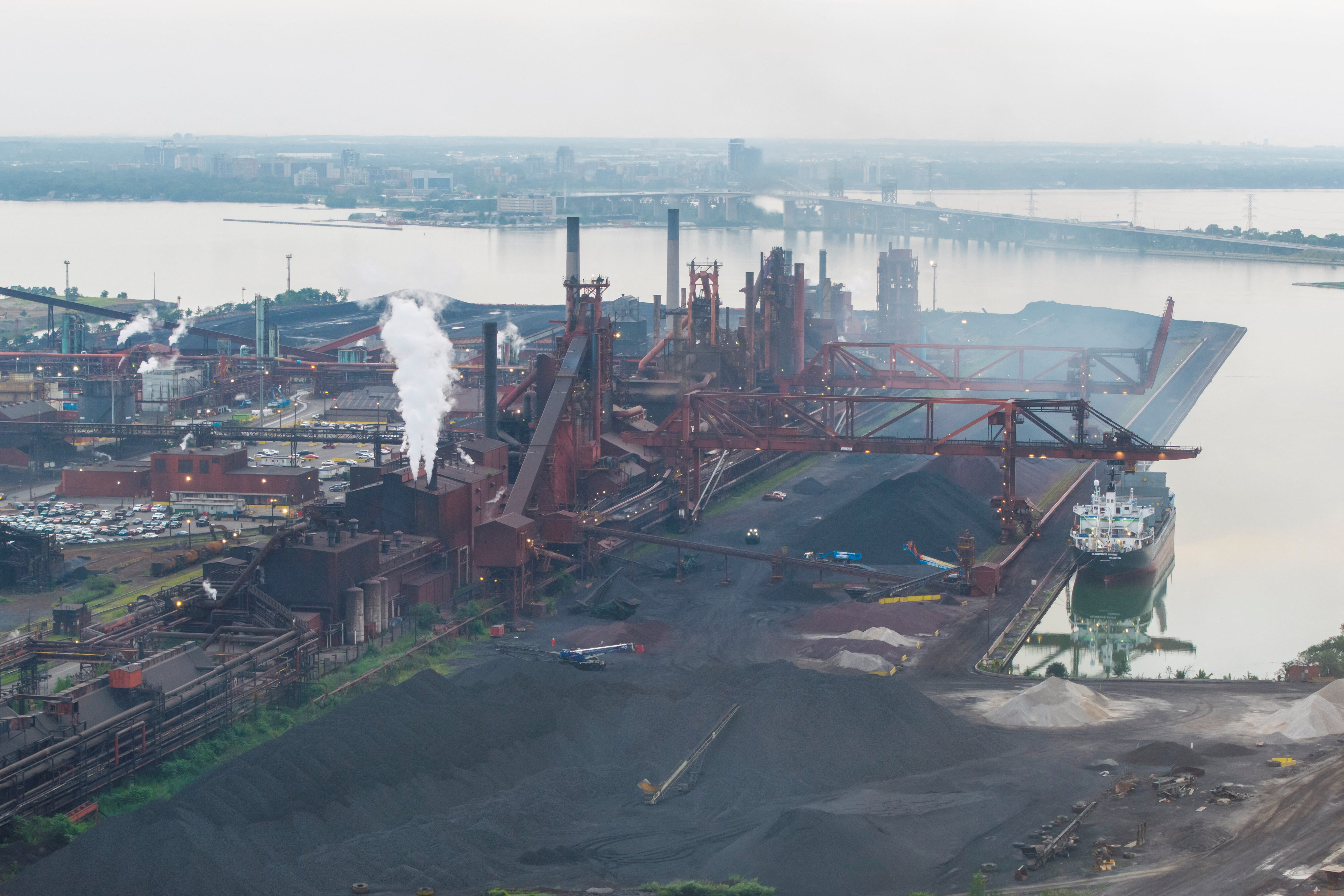 A drone view shows the Florence Spirit cargo vessel docked at the ArcelorMittal Dofasco steel plant, a day after U.S. President Donald Trump paused new tariffs on Canadian goods for three days, in Hamilton, Ontario, Canada, August 20, 2026. REUTERS/Carlos Osorio