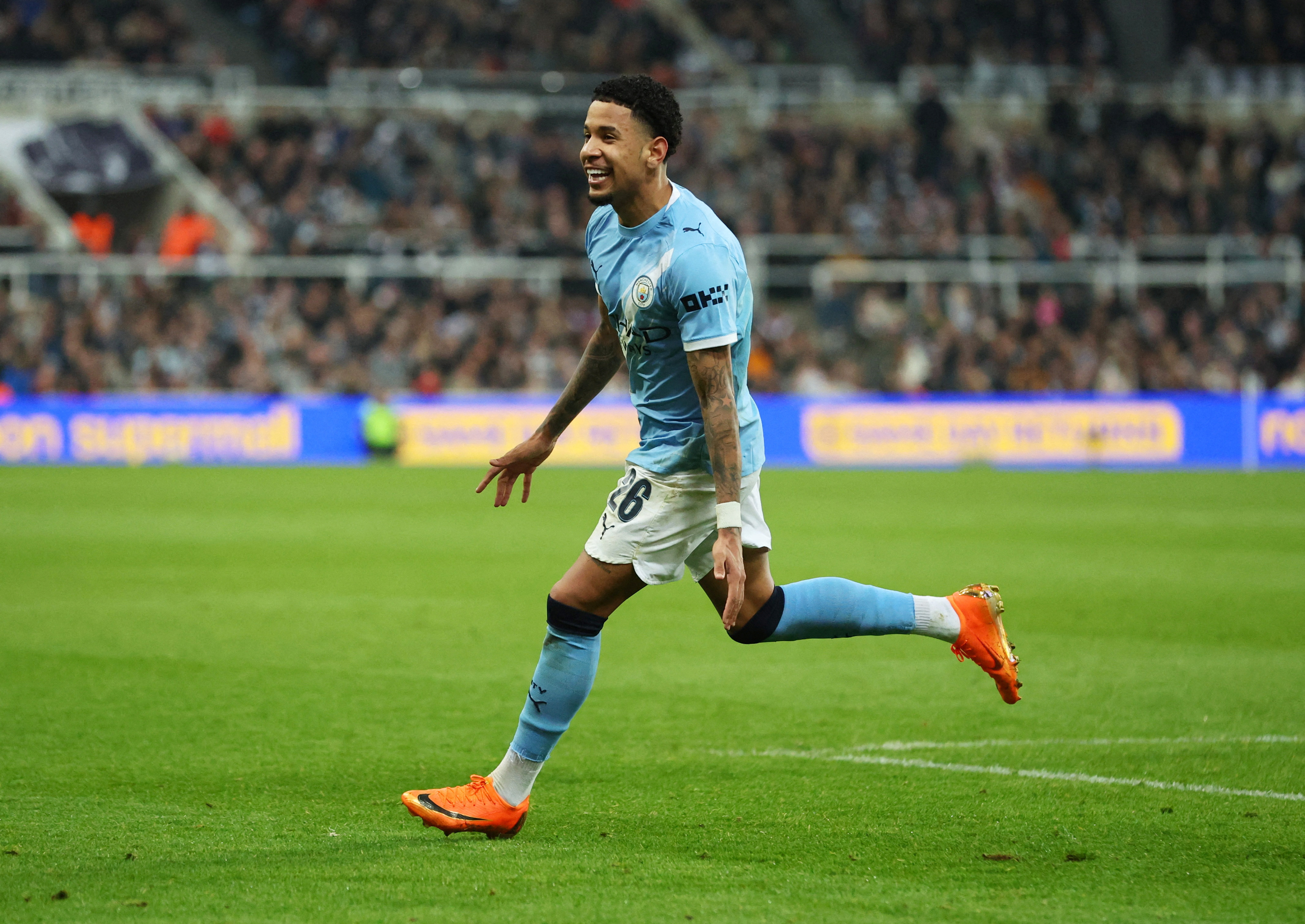 FILE PHOTO: Soccer Football - FA Cup - Fifth Round - Newcastle United v Manchester City - St James' Park, Newcastle, Britain - March 7, 2026 Manchester City's Savinho celebrates scoring their first goal Action Images via Reuters/Craig Brough/File Photo