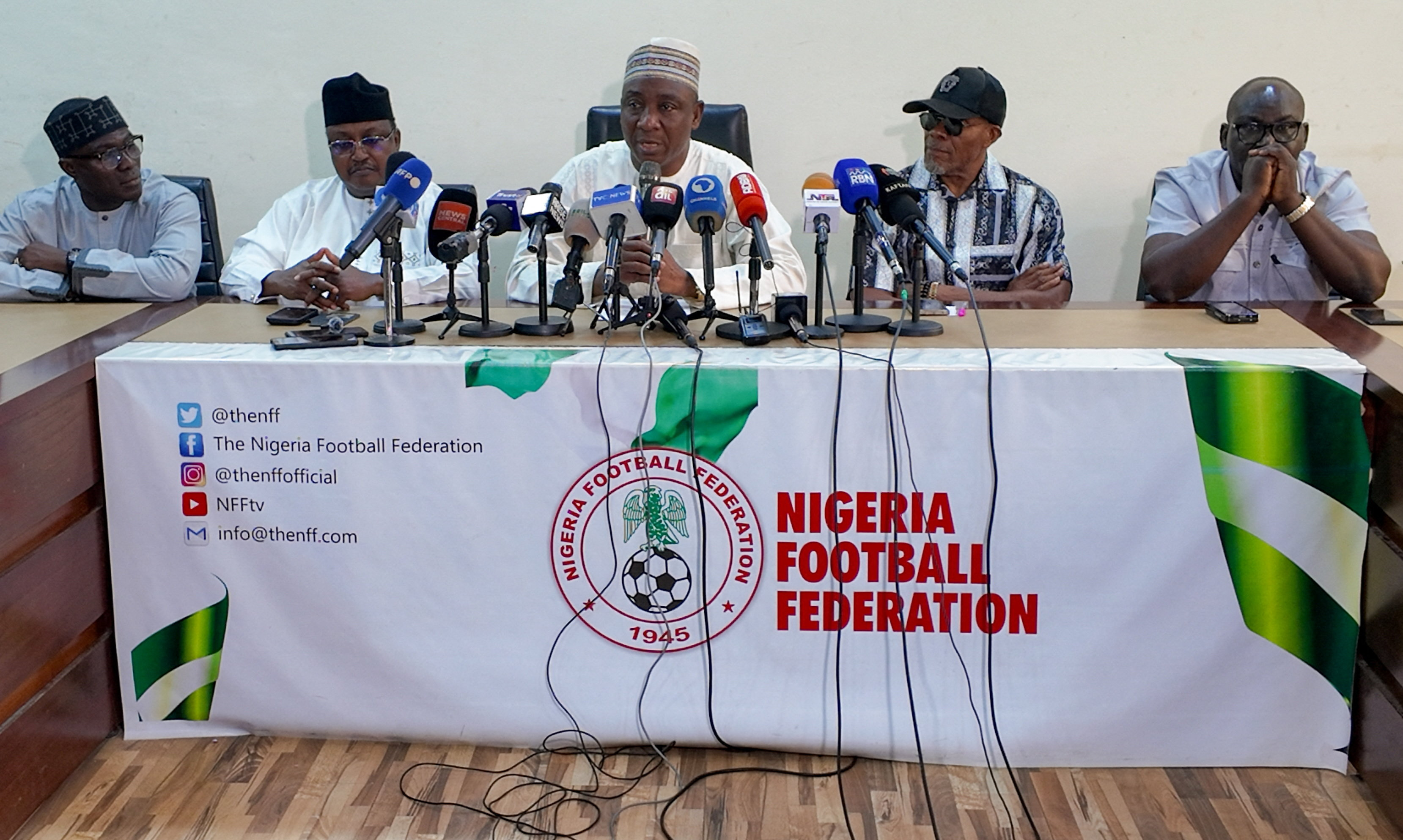 Nigeria Football Federation (NFF) President Ibrahim Musa Gusau speaks at a press conference where he announced his resignation, along with the federation's general secretary and executive committee members, at the NFF Secretariat in Abuja, Nigeria, August 27, 2026. REUTERS/Greg Terlumun