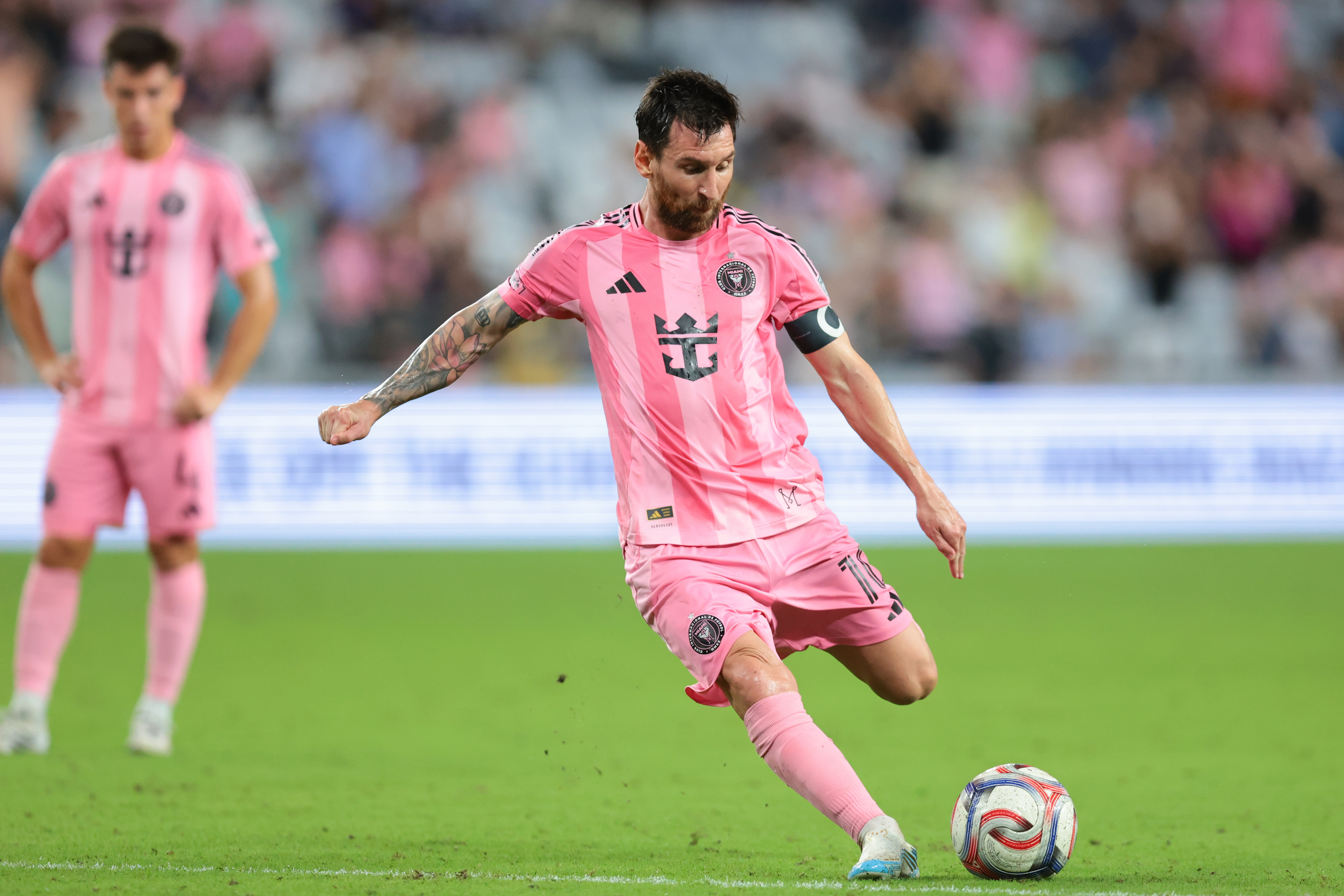 Aug 29, 2026; Miami, Florida, USA; Inter Miami CF forward Lionel Messi (10) scores a free kick against CF Montreal during the second half at NU Stadium. Mandatory Credit: Sam Navarro-Imagn Images