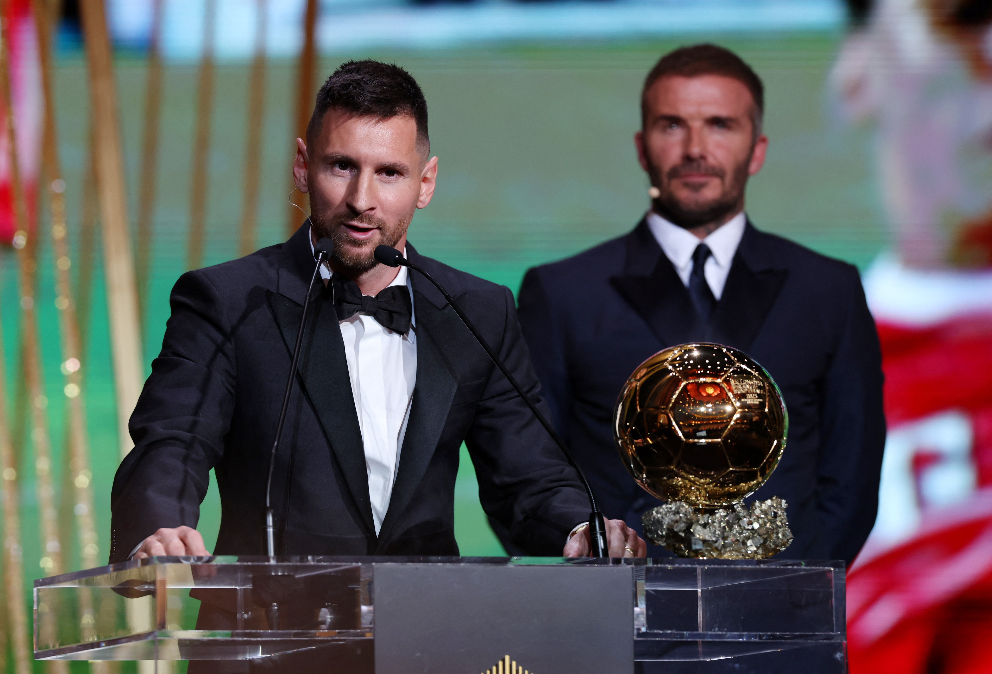 Inter Miami's Lionel Messi after being awarded the men's Ballon d'Or by co owner David Beckham