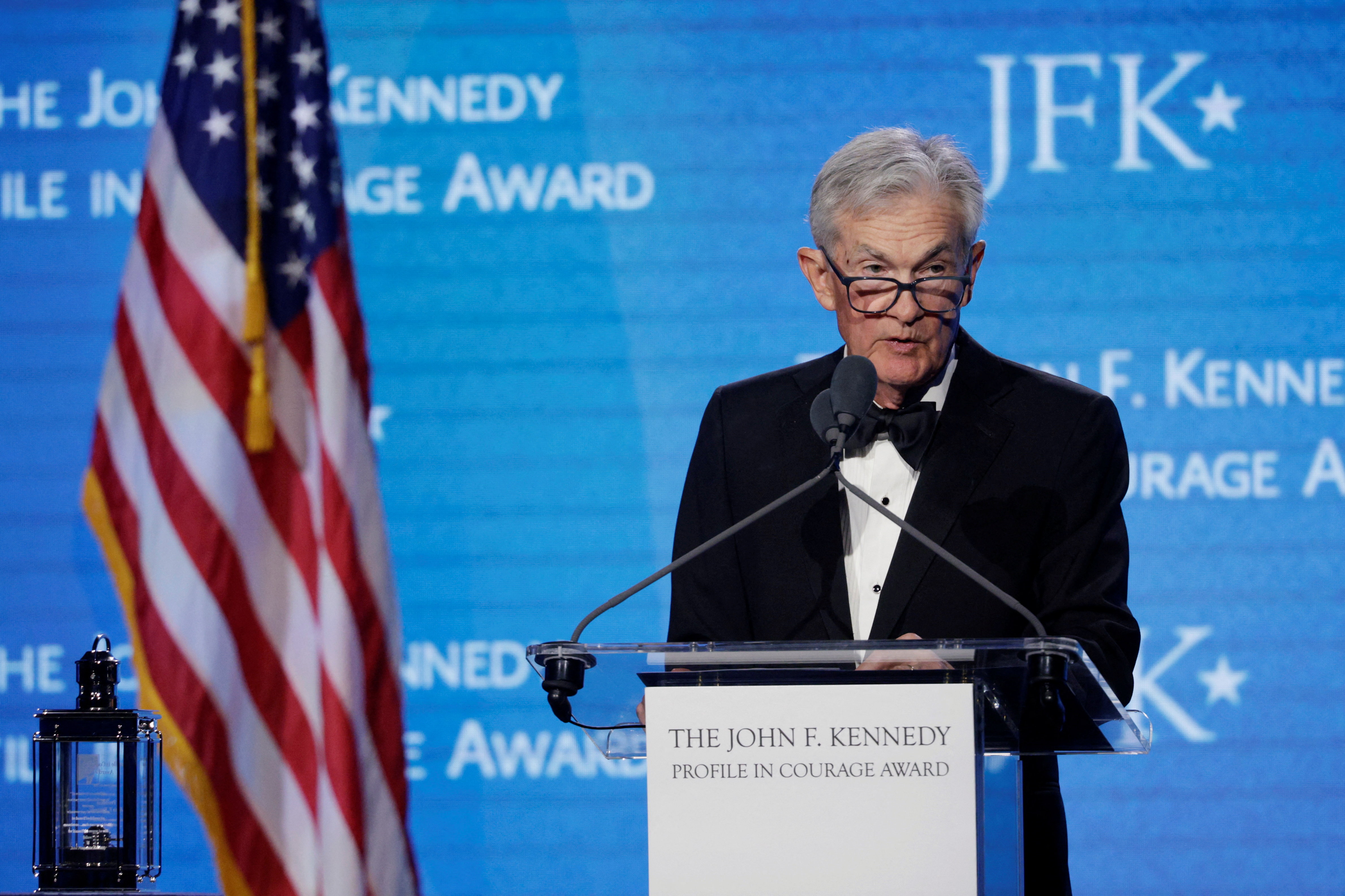 Federal Reserve Board Governor and former chair, Jerome Powell, speaks after receiving the 2026 John F. Kennedy Profile in Courage Award at the John F. Kennedy Presidential Library and Museum in Boston, Massachusetts, U.S., May 31, 2026. REUTERS/Brian Snyder