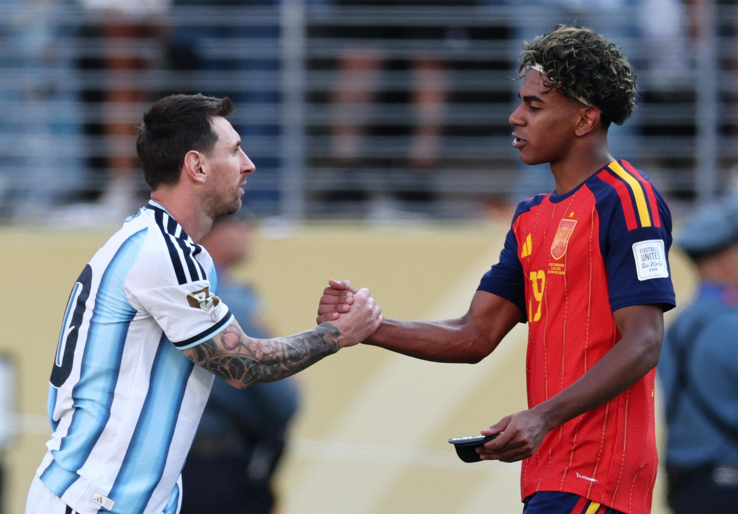 Soccer Football - FIFA World Cup 2026 - Final - Spain v Argentina - New York/New Jersey Stadium, East Rutherford, New Jersey, U.S. - July 19, 2026 Spain's Lamine Yamal shakes hands with Argentina's Lionel Messi after the match IMAGN IMAGES via Reuters/Mark J Rebilas