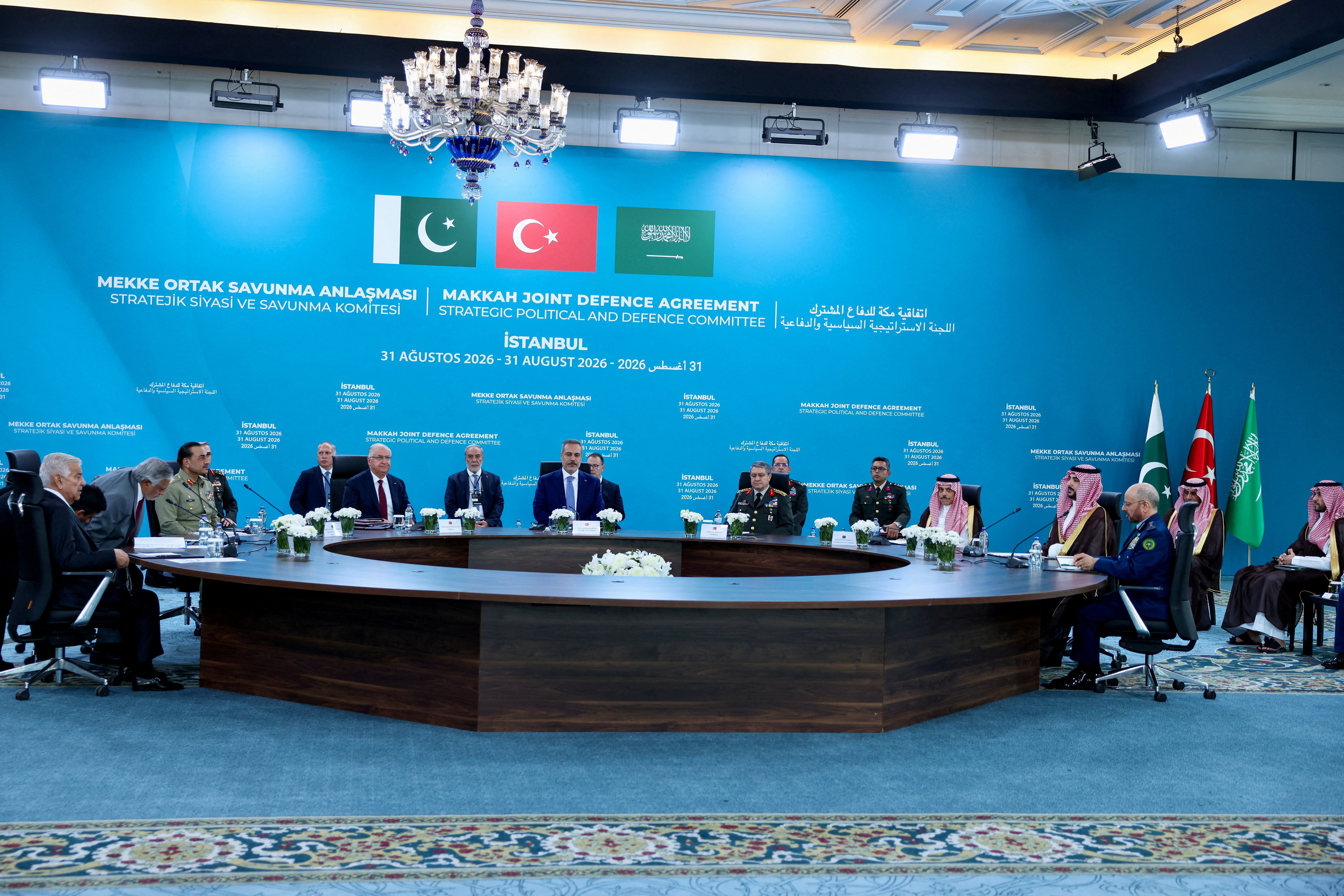 The foreign ministers of Turkiye, Pakistan and Saudi Arabia attend the first committee meeting under the Mecca Joint Defence Agreement, in Istanbul on August 31, 2026 [Murad Sezer/Reuters]