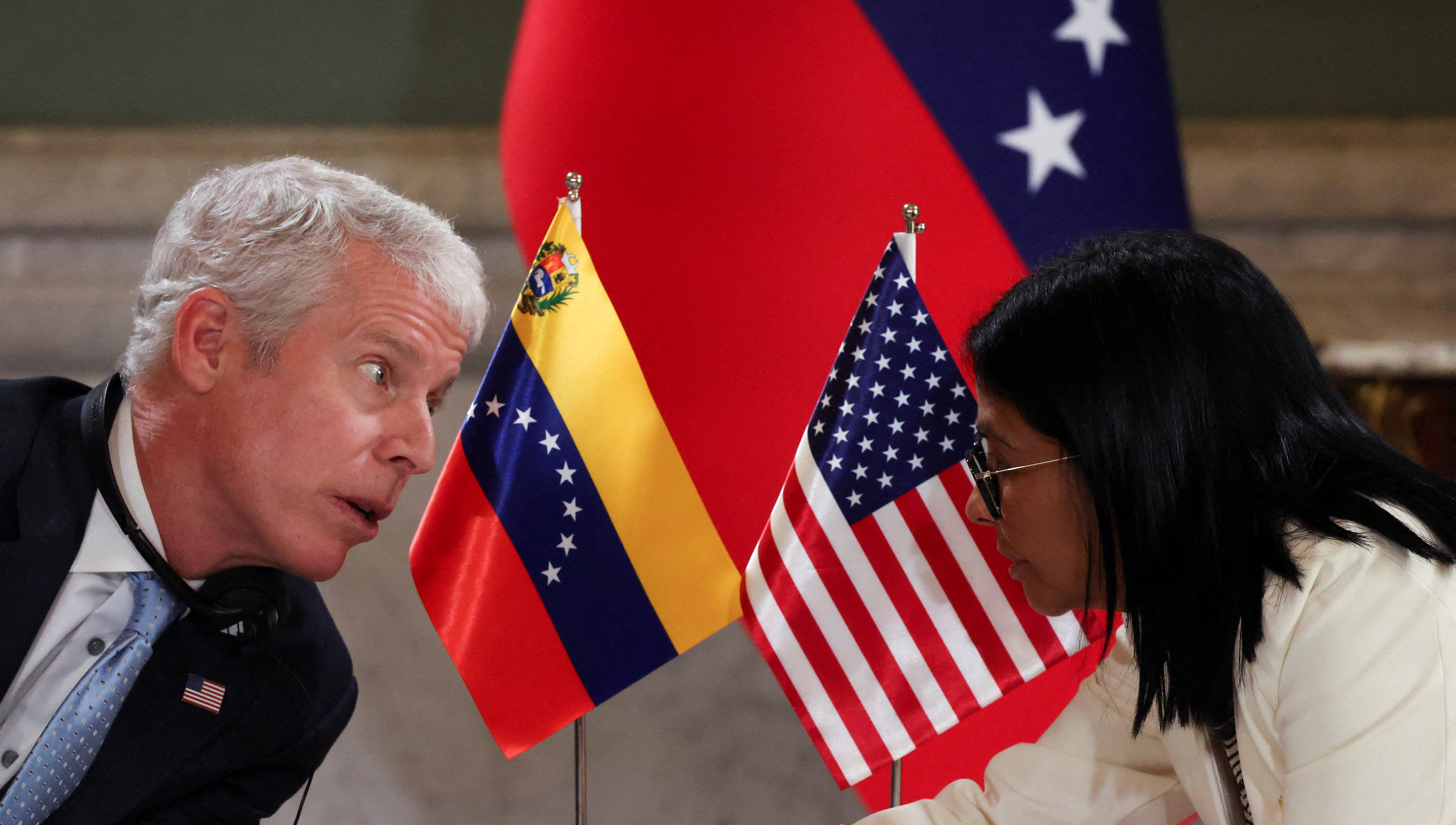 .S. Energy Secretary Chris Wright speaks with Venezuelan acting President Delcy Rodriguez at Miraflores Palace on the day of the signing of an agreement between U.S. oil major Chevron and government officials to expand the company's operations, in Caracas, Venezuela, September 2, 2026.