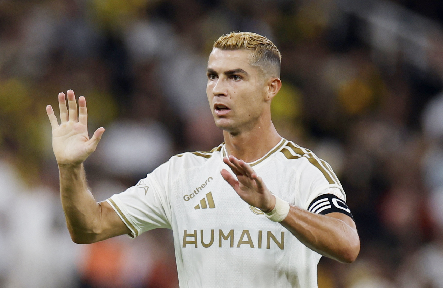 Al Nassr's Cristiano Ronaldo celebrates after Angelo Gabriel scores their first goal