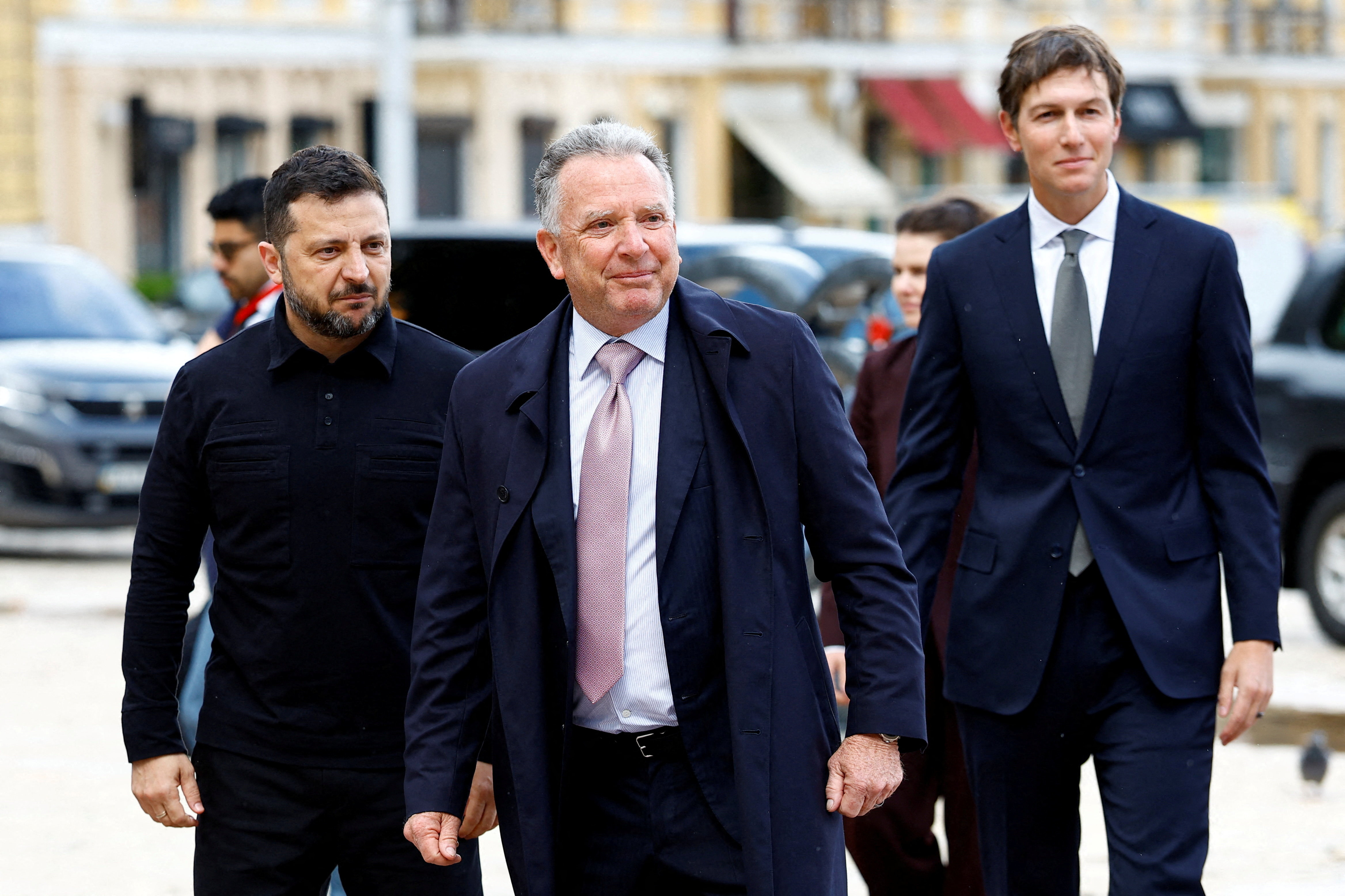 Ukraine's President Volodymyr Zelenskiy welcomes US President Donald Trump's son-in-law Jared Kushner and US Special Envoy Steve Witkoff in the Ukrainian capital, Kyiv, on September 6, 2026. [Valentyn Ogirenko/Reuters]