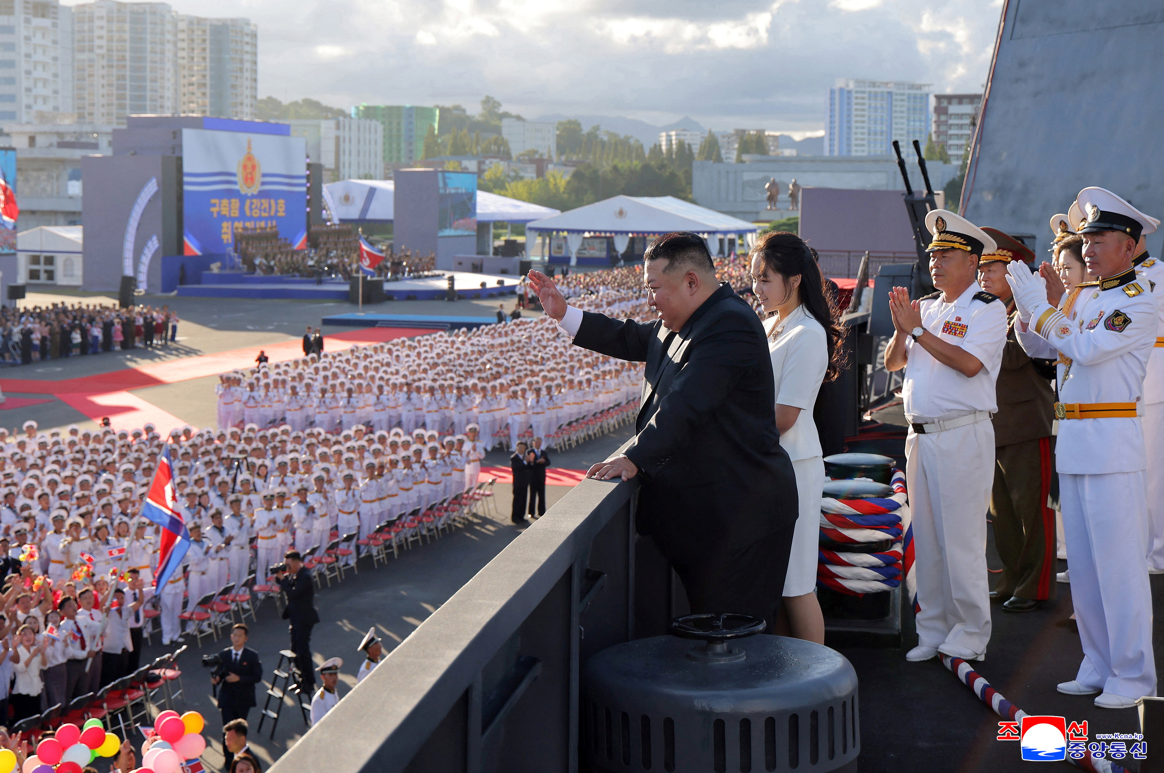 North Korean leader Kim Jong Un, accompanied by his daughter Kim Ju Ae, attends the commissioning ceremony of the destroyer "Kang Kon", at Wonsan Port, North Korea, September 6, 2026 in this picture released by North Korea's official Korean Central News Agency [KCNA/Reuters]