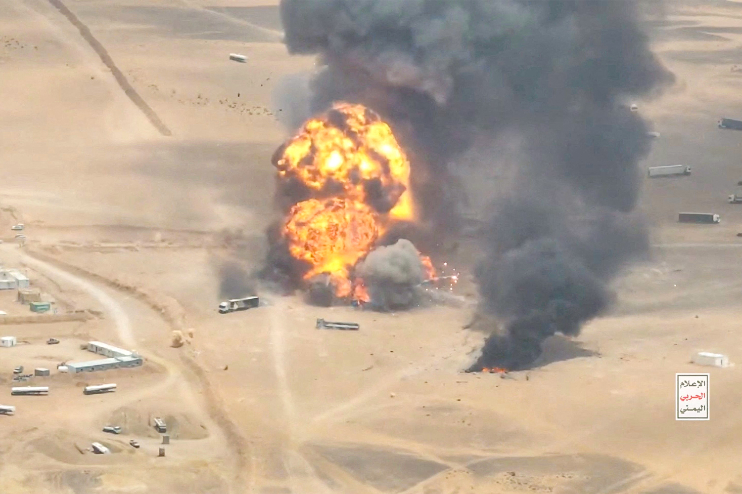 Trucks explode as they burn, during what the Houthis say was an attack targeting trucks coming from Saudi territory, at Al-Wadiah border crossing near Al-Wadiah, on the Saudi-Yemen border, in this still image obtained from a handout video released September 7, 2026. Houthi Media Centre/Handout via REUTERS THIS IMAGE HAS BEEN SUPPLIED BY A THIRD PARTY. WATERMARK FROM SOURCE. REFILE - CORRECTING "TARGETED BY THE YEMENI ARMED FORCES" TO "WHAT THE HOUTHIS SAY WAS AN ATTACK TARGETING TRUCKS" AND "NEAR AL-WADIAH, SAUDI ARABIA" TO "NEAR AL-WADIAH, ON THE SAUDI-YEMEN BORDER".