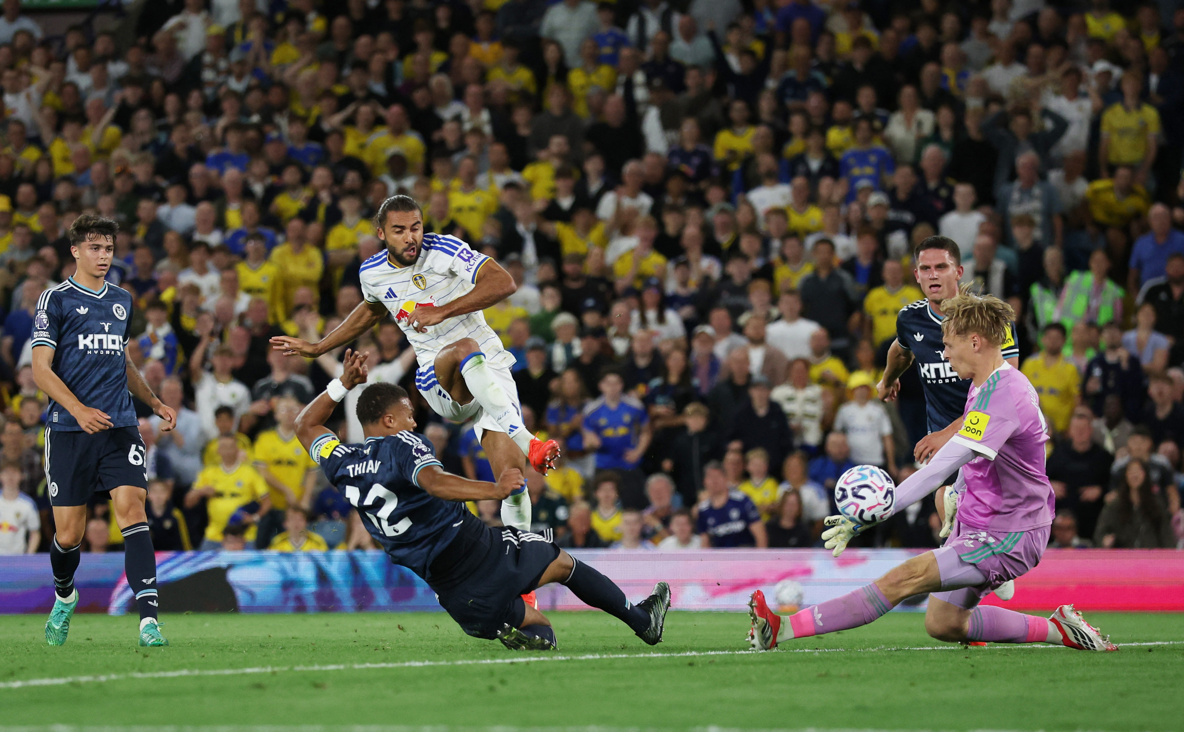 Soccer Football - Premier League - Leeds United v Newcastle United - Elland Road, Leeds, Britain - September 14, 2026 Leeds United's Dominic Calvert-Lewin scores their third goal REUTERS/Scott Heppell EDITORIAL USE ONLY. NO USE WITH UNAUTHORIZED AUDIO, VIDEO, DATA, FIXTURE LISTS, CLUB/LEAGUE LOGOS OR 'LIVE' SERVICES. ONLINE IN-MATCH USE LIMITED TO 120 IMAGES, NO VIDEO EMULATION. NO USE IN BETTING, GAMES OR SINGLE CLUB/LEAGUE/PLAYER PUBLICATIONS. PLEASE CONTACT YOUR ACCOUNT REPRESENTATIVE FOR FURTHER DETAILS..
