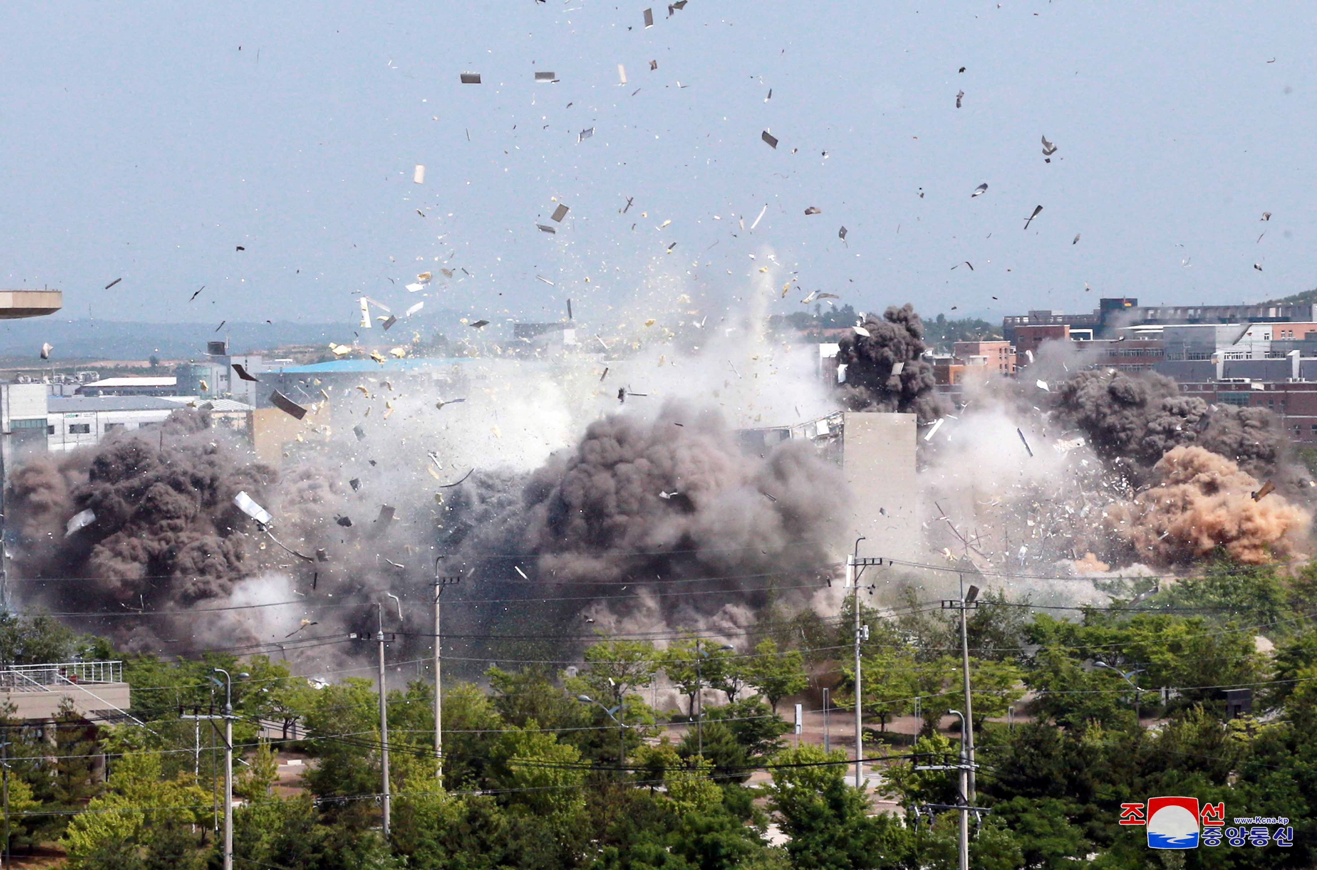 A view of an explosion of a joint liaison office with South Korea in the North Korean border town of Kaesong in this picture supplied by the Korean Central News Agency (KCNA) on June 16, 2020 [File: KCNA/Reuters]