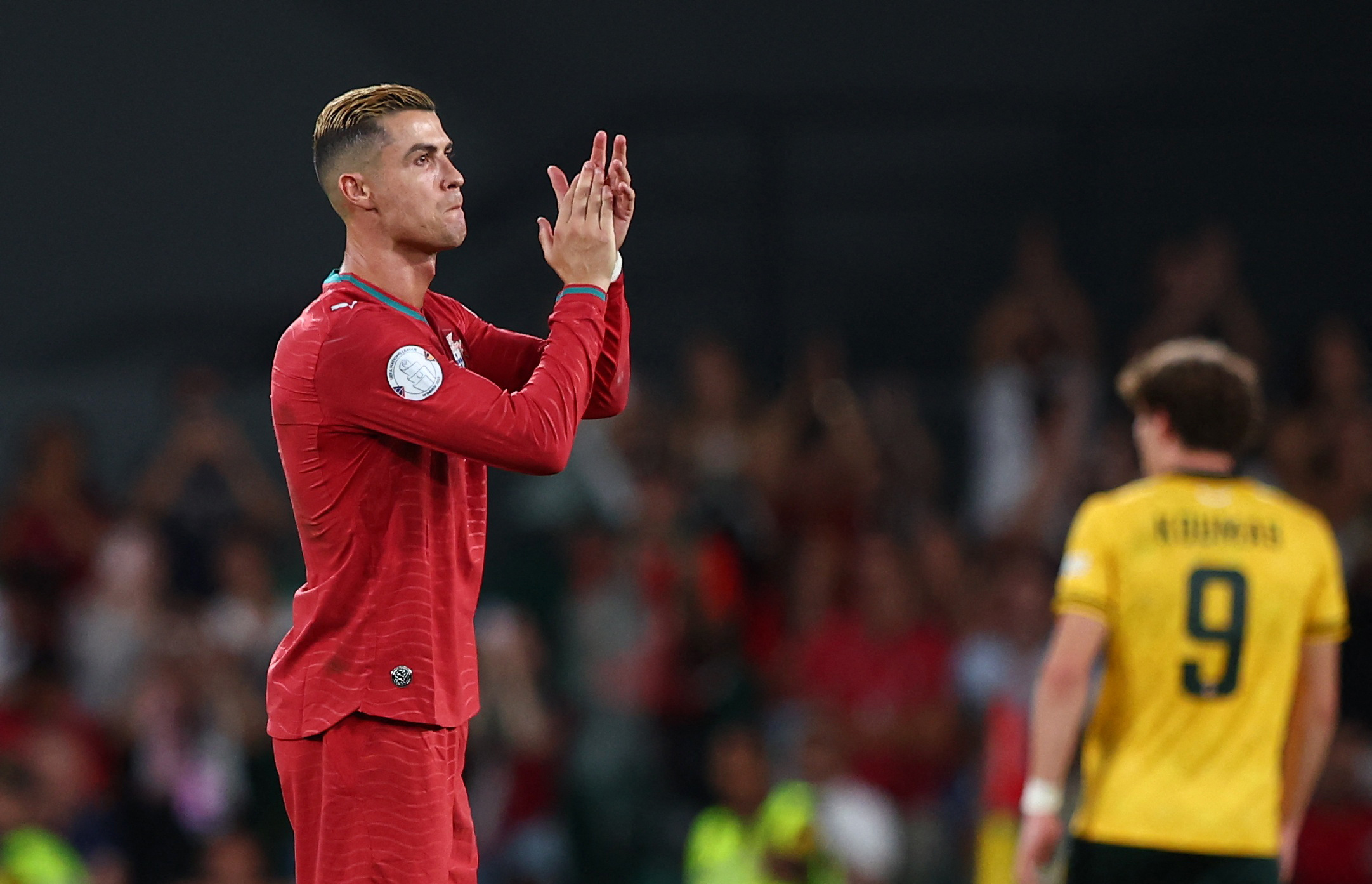 Portugal’s Cristiano Ronaldo applauds fans as he is substituted against Wales