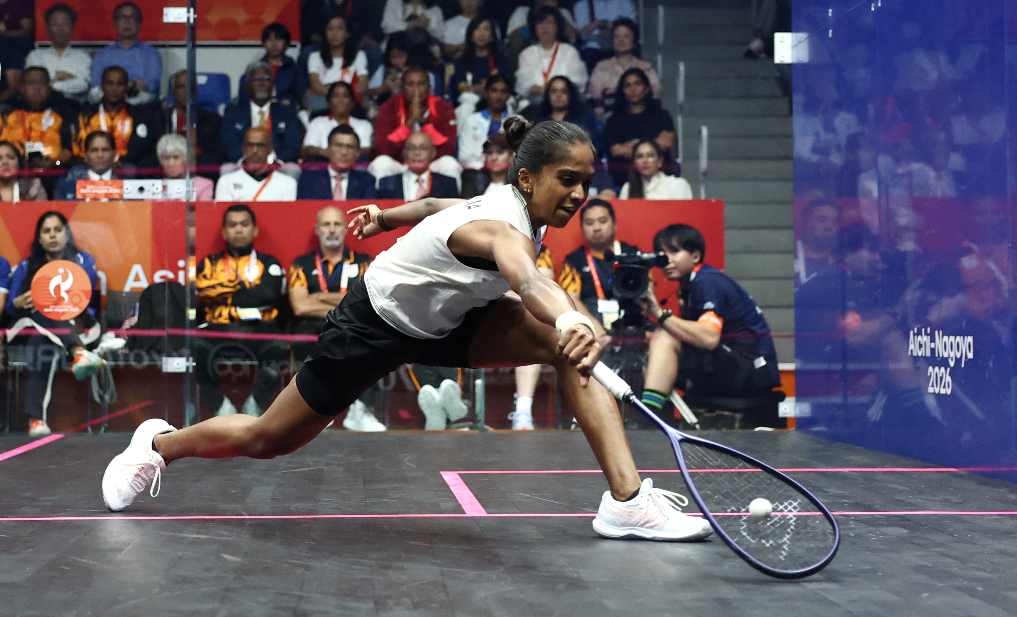 Asian Games - Aichi-Nagoya 2026 - Squash - Takeda Teva Ocean Arena, Nagoya, Japan - September 27, 2026 Malaysia's Sivasangari Subramaniam in action during the Women's Singles Gold Medal Match against India's Anahat Singh REUTERS/Chalinee Thirasupa