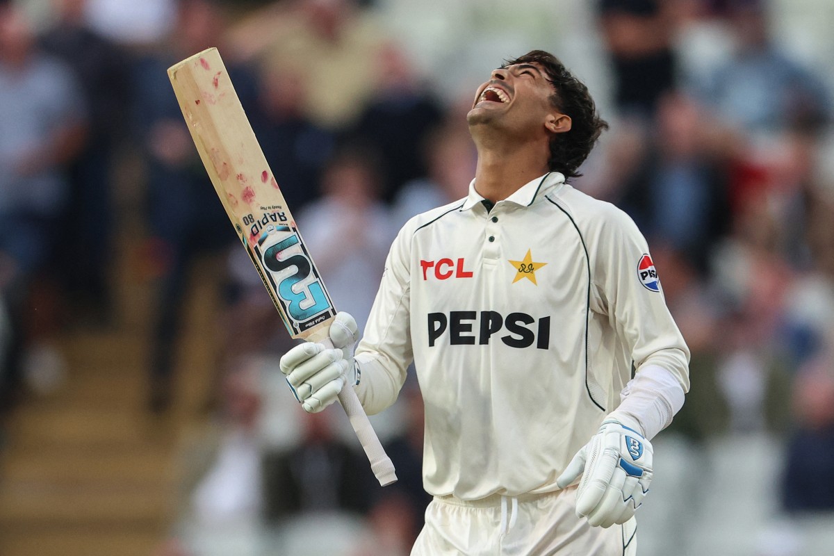 Pakistan's Razaullah laughs after surviving a LBW on day three of the third test match between England and Pakistan