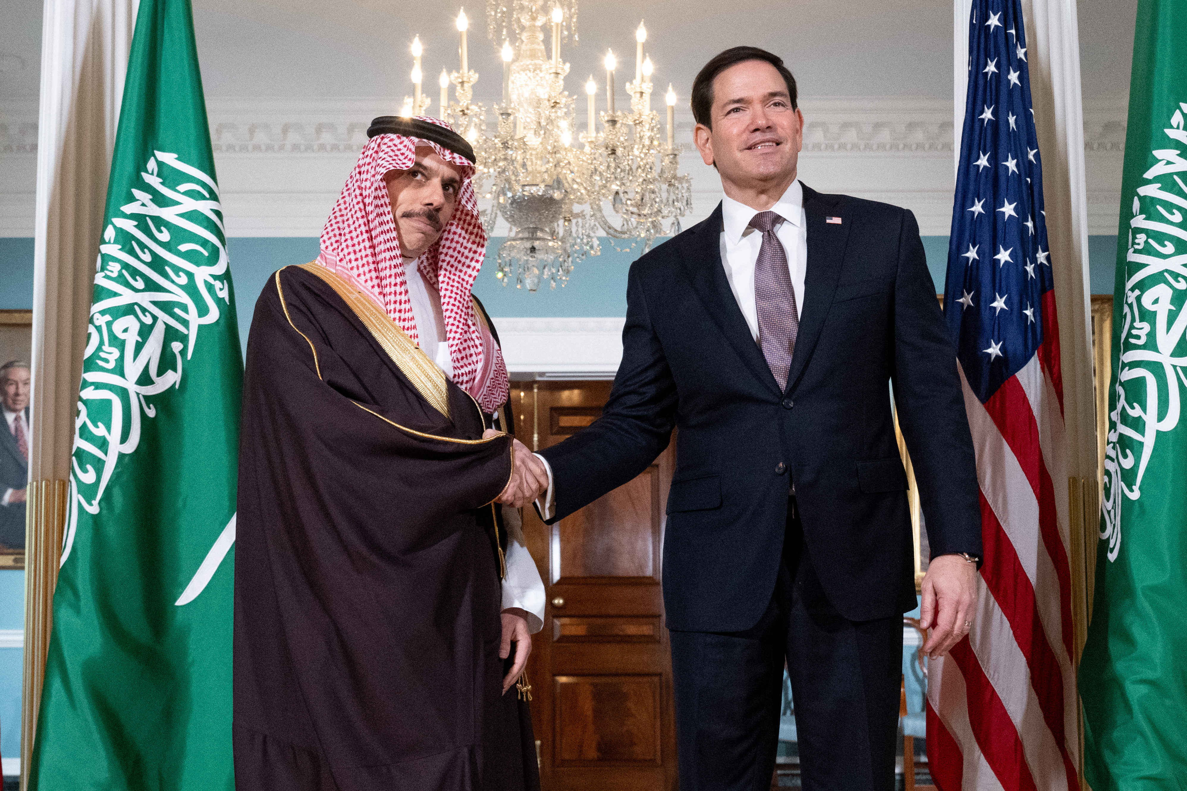 US Secretary of State Marco Rubio (R) meets Saudi Arabia's Foreign Minister Faisal bin Farhan Al-Saud at the State Department in Washington, DC on September 28, 2026. (Photo by SAUL LOEB / AFP)