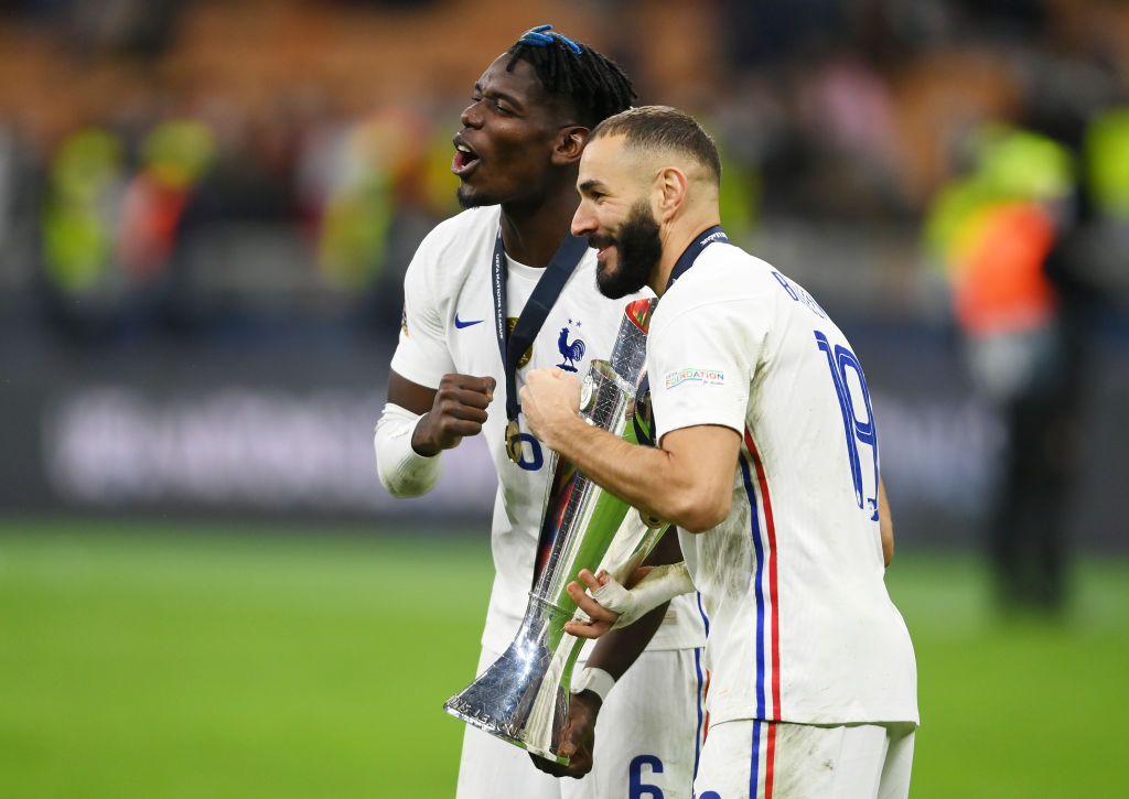 Paul Pogba and Karim Benzema of France celebrate with The UEFA Nations League trophy in 2021