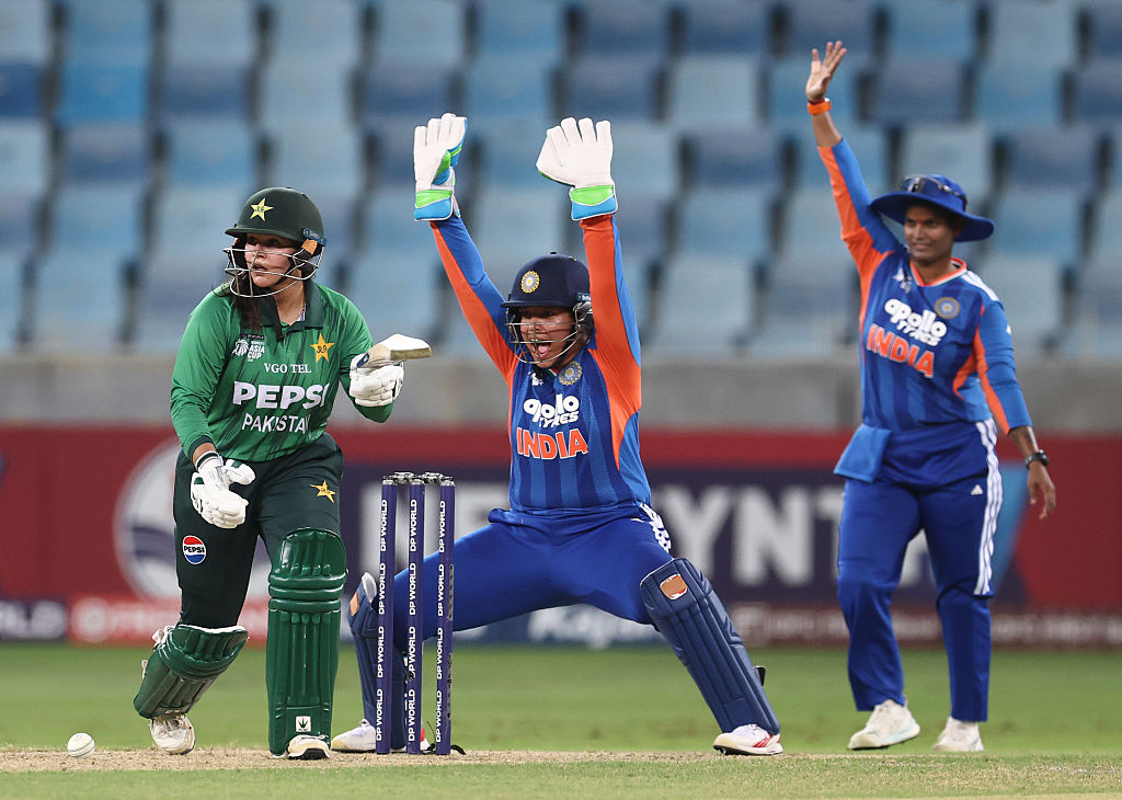 Richa Ghosh of India successfully appeals for the wicket of Shawaal Zulfiqar of Pakistan during the DP World Women's T20 Asia Cup 2026 match