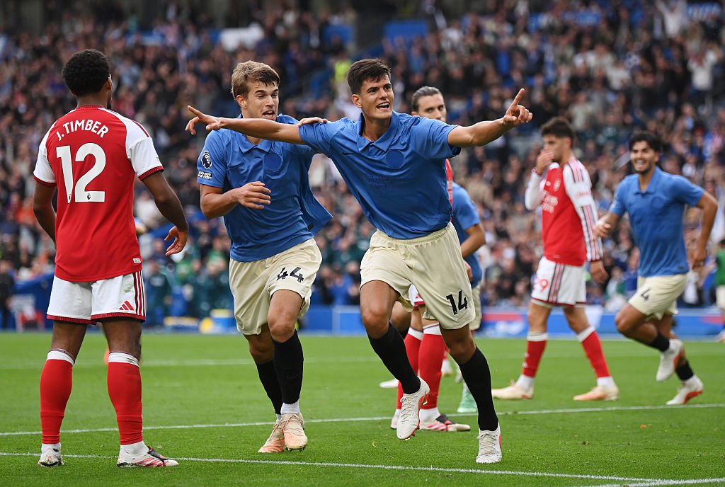 Chema Andres of Brighton & Hove Albion celebrates with teammate Luka Vuskovic after scoring his team’s third goal during the Premier League 2026/27 match between Brighton & Hove Albion and Arsenal