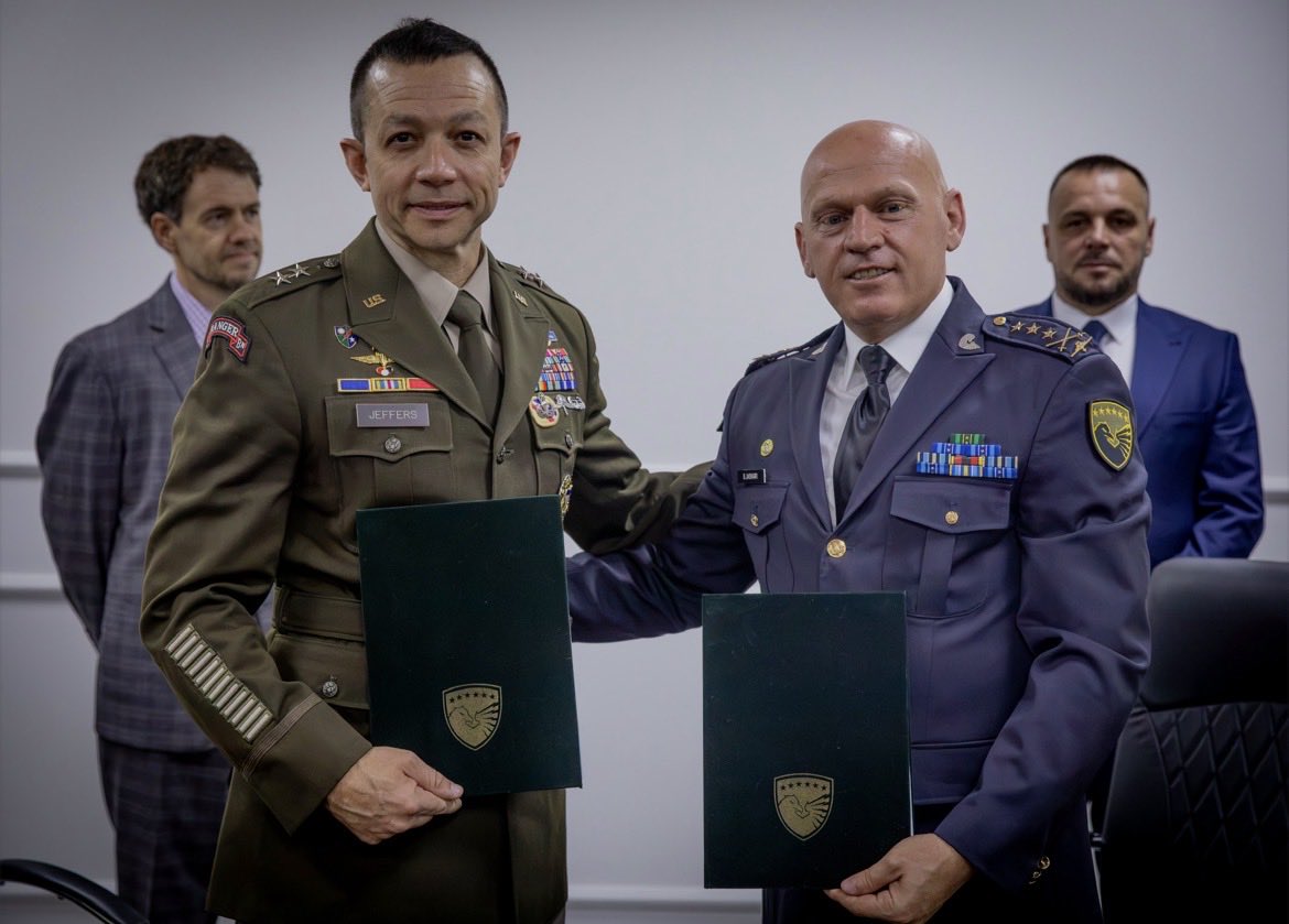ISF Gaza Commander Major General Jasper Jeffers and KSF Commander Lieutenant General Bashkim Jashari in Pristina, Kosovo, September 7, 2026 [X.com/BoardofPeace]