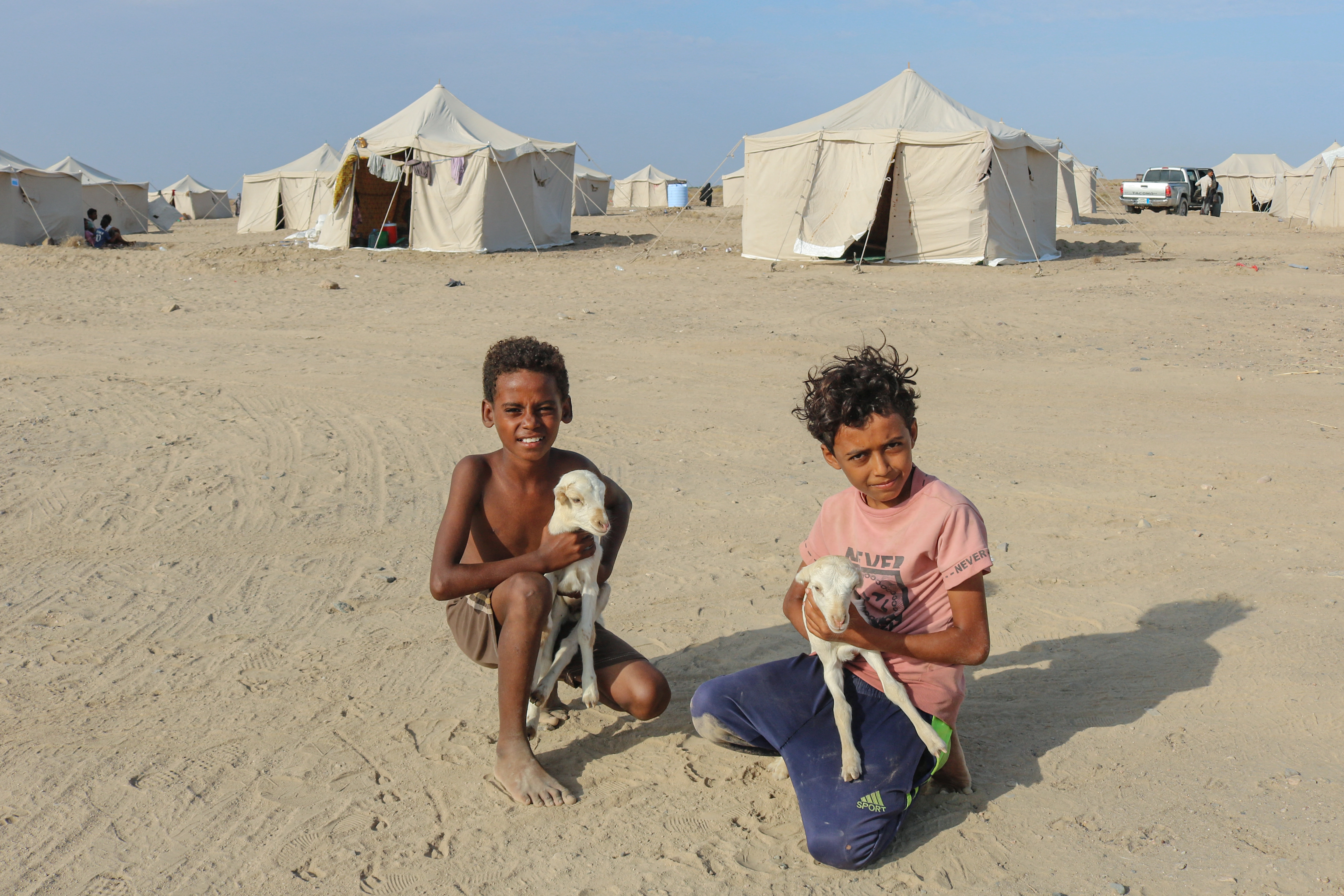 Children are seen at Al-Farsi camp for internally displaced people (IDPs) in Ras Imran on the outskirts of Al-Buraiqah district in southwest Aden in southern Yemen on September 17, 2026.
