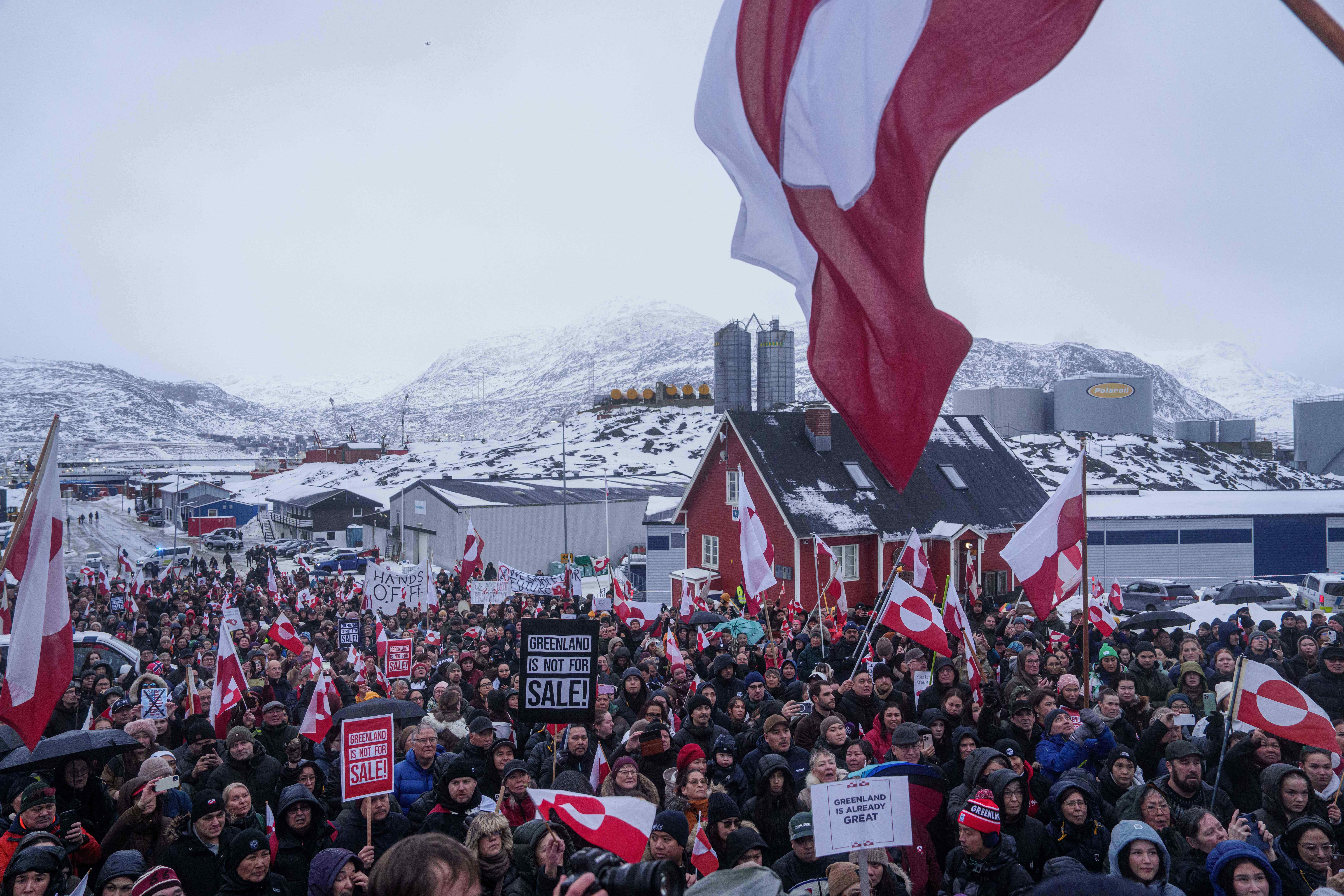 FILE - People protest against Trump's policy towards Greenland in front of the US consulate in Nuuk, Greenland, Jan. 17, 2026. (AP Photo/Evgeniy Maloletka, File)