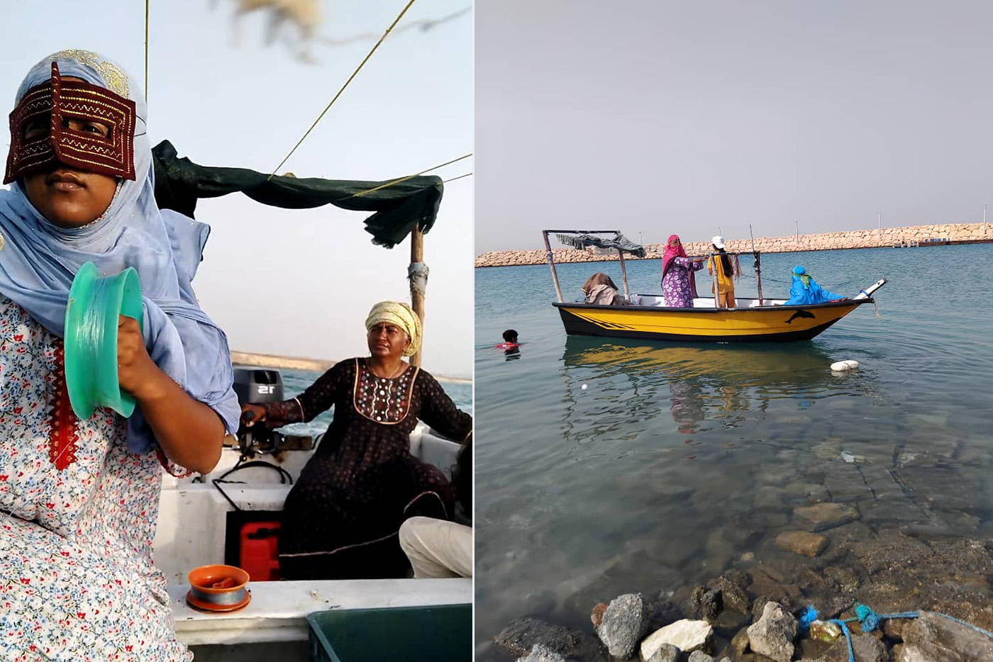 Left: Bandari on her boat fishing with her mother. Right: Bandari on her fishing boat near the shore [Courtesy of Forogh Allaie]