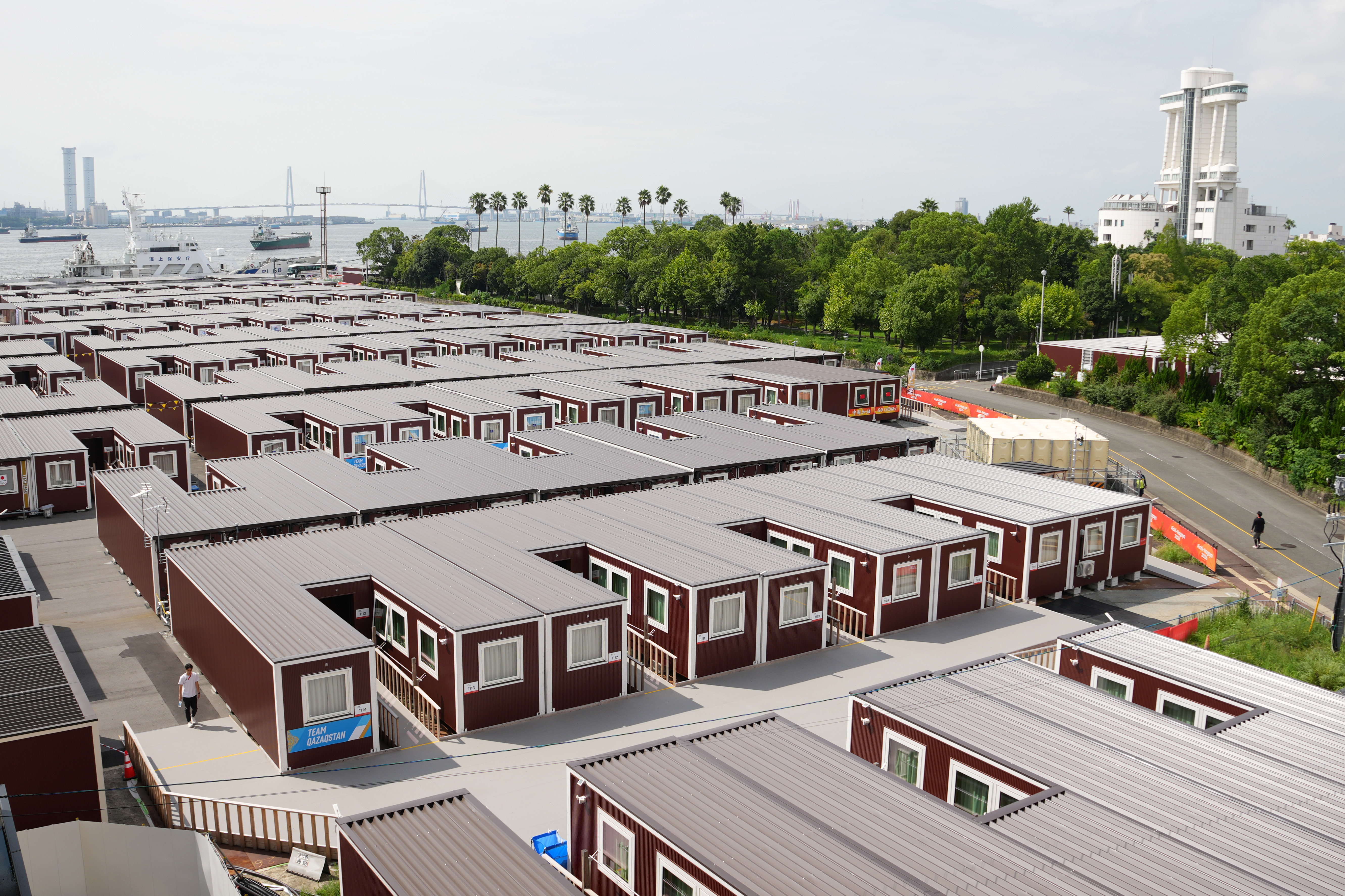 NAGOYA, JAPAN - SEPTEMBER 18: Container-type accommodation facilities for athletes are shown ahead of the 20th Asian Games Aichi-Nagoya on September 18, 2026 in Nagoya, Aichi, Japan. (Photo by Toru Hanai/Getty Images)