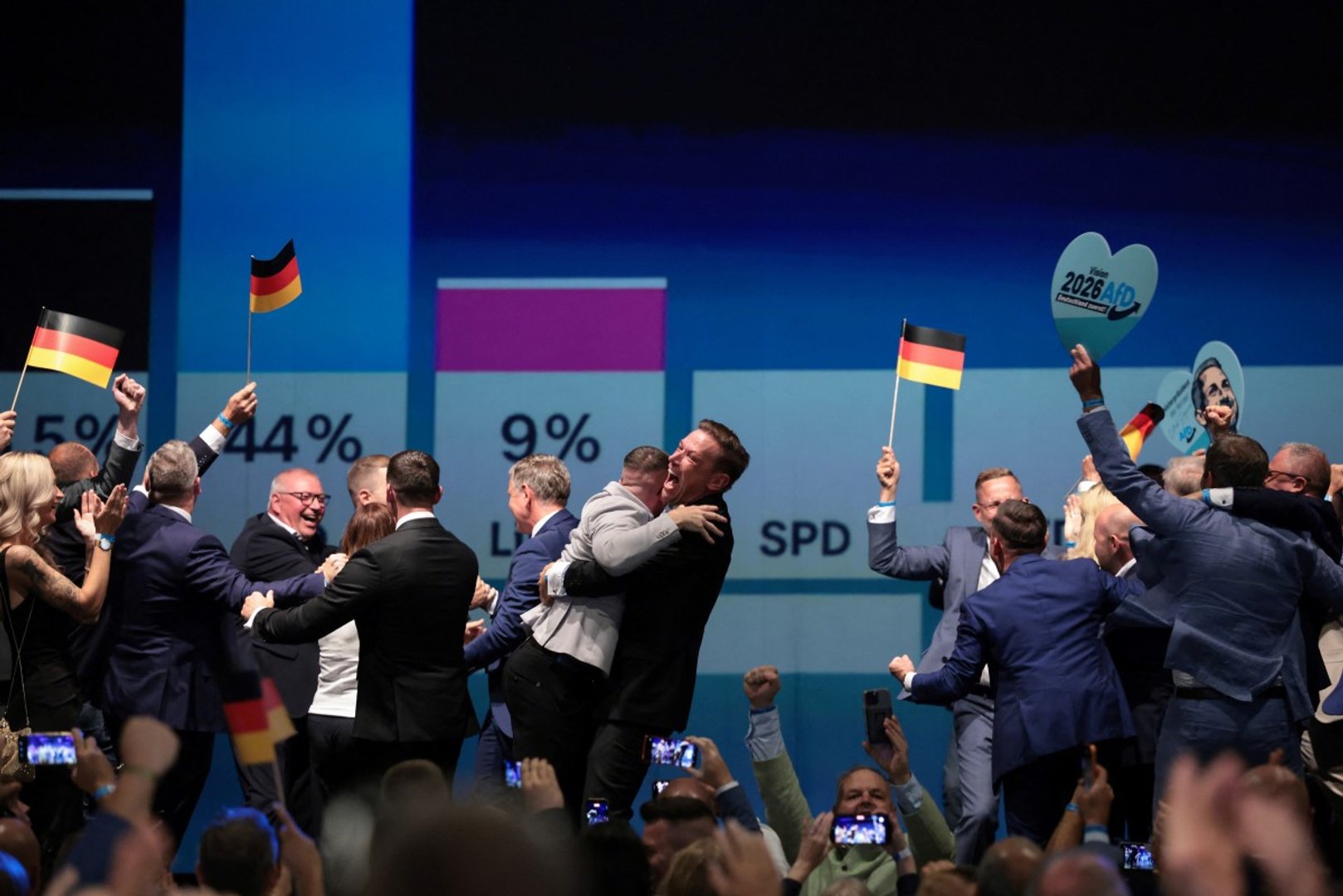 Members and supporters of the far-right Alternative for Germany (AfD) party react after the first exit poll results were announced on public television at the AfD's election party following Saxony-Anhalt's state elections in Magdeburg, eastern Germany on September 6, 2026. [RONNY HARTMANN / AFP]