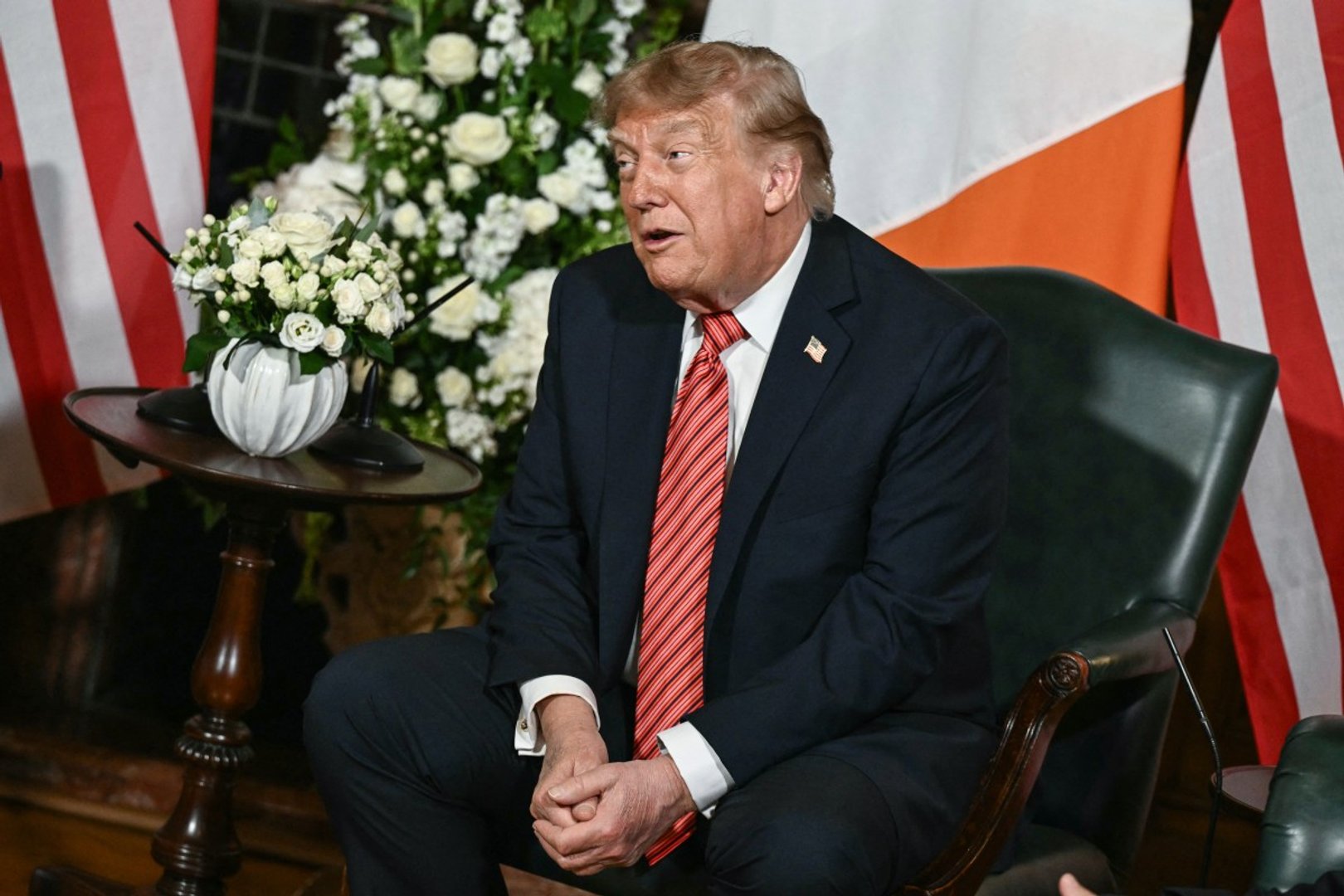 US President Donald Trump speaks as he meets with Ireland's Prime Minister Miche&aacute;l Martin (not pictured) at Farmleigh House in Phoenix Park in the Irish capital Dublin on September 12, 2026. Trump arrives in Ireland on September 12 for a two-day visit. [Photo by Brendan SMIALOWSKI / AFP]