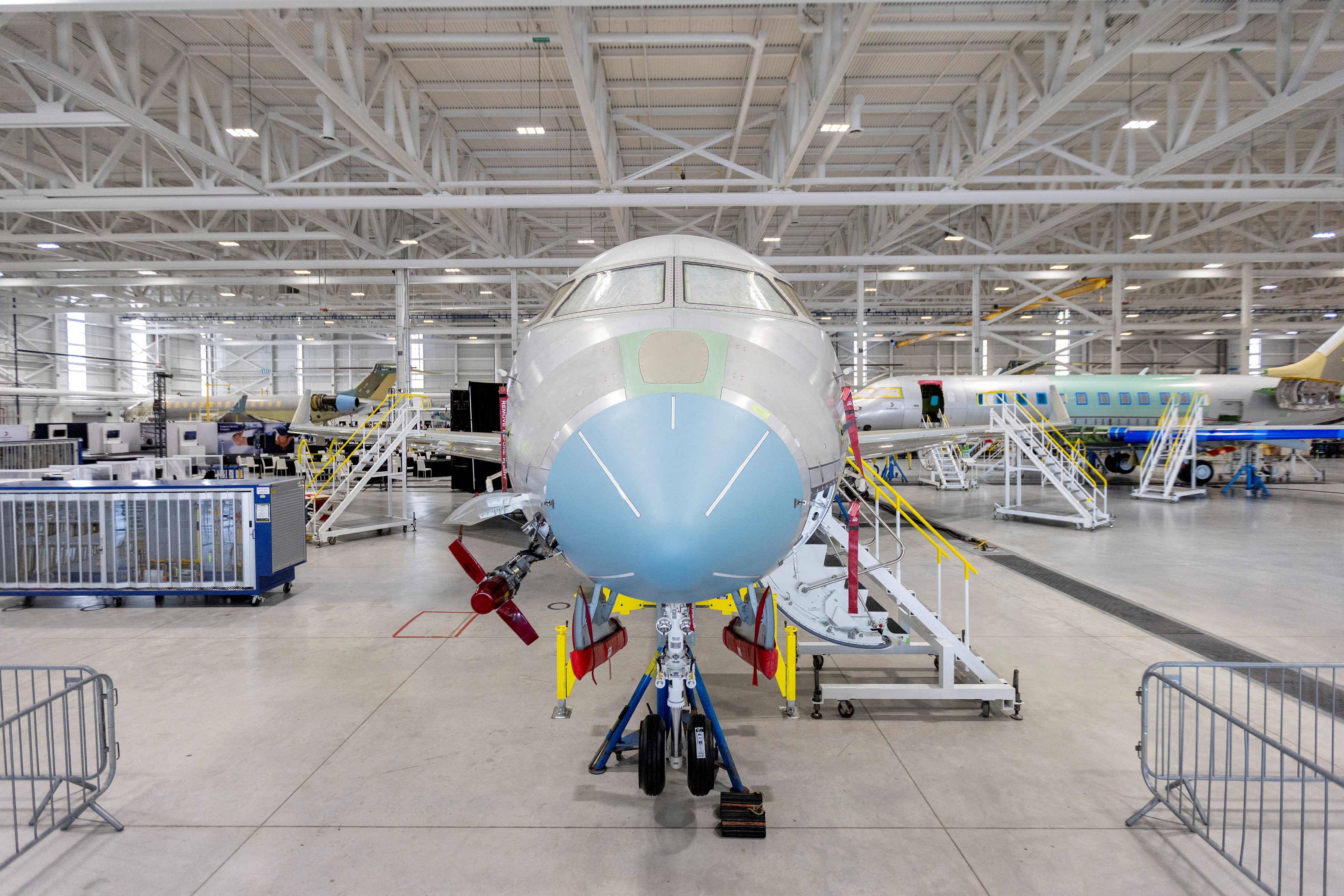 FILE PHOTO: Airplanes in production on the factory floor as Canadian business jet maker Bombardier holds an investor day at its plant in Mississauga, Ontario, Canada May 1, 2024. REUTERS/Carlos Osorio/File Photo